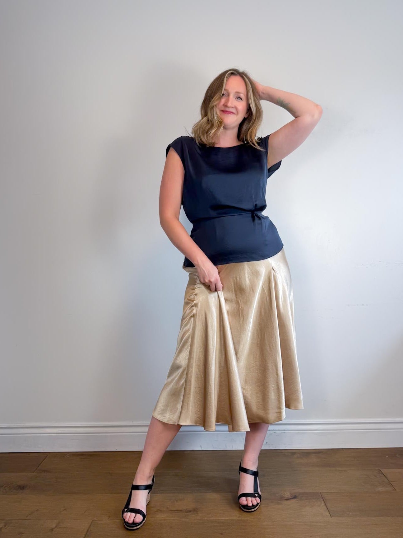 REISS Satin Top in Navy (Size 10)