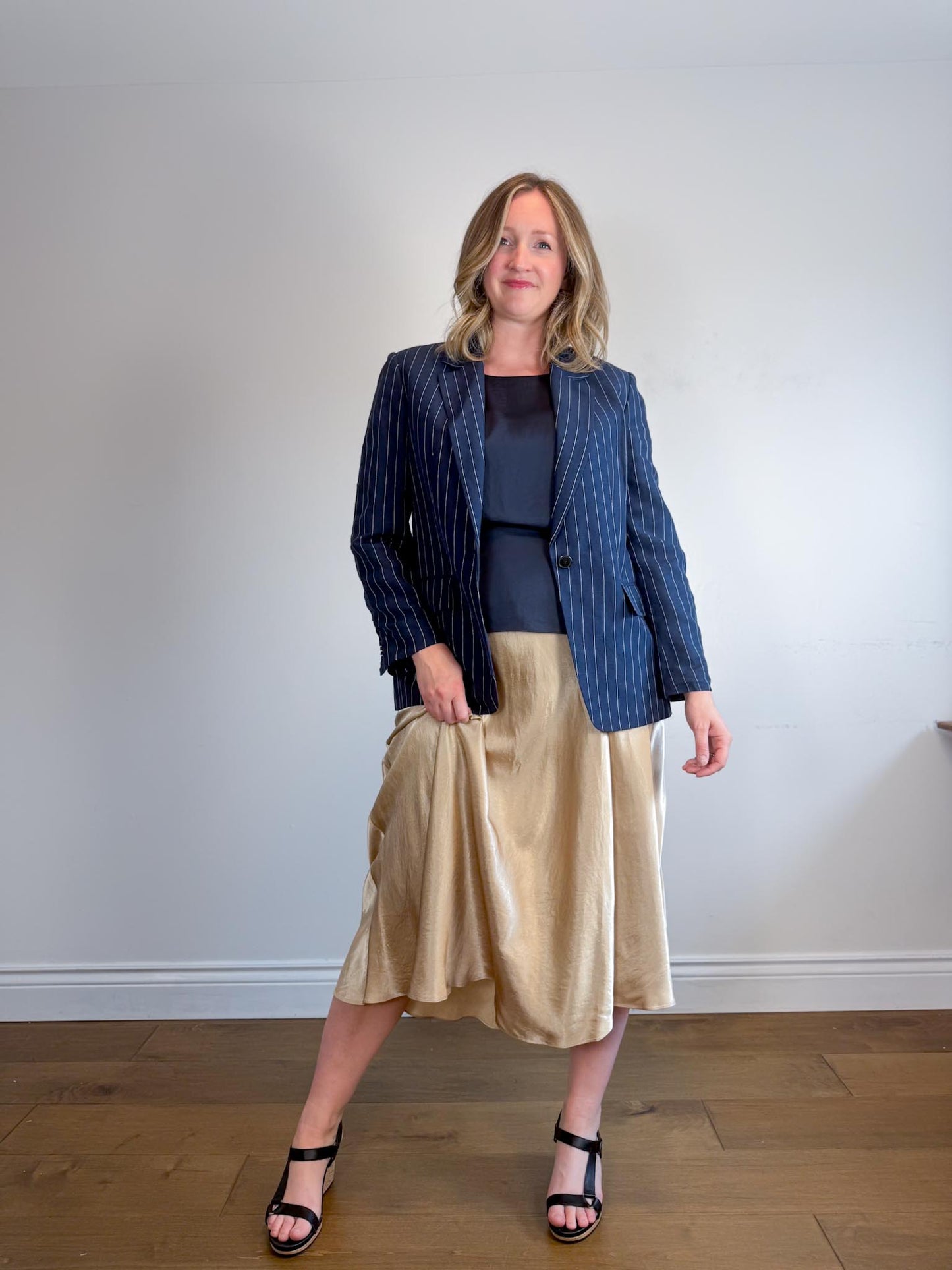 Massimo Dutti Satin Midi Skirt in Gold (Size L)