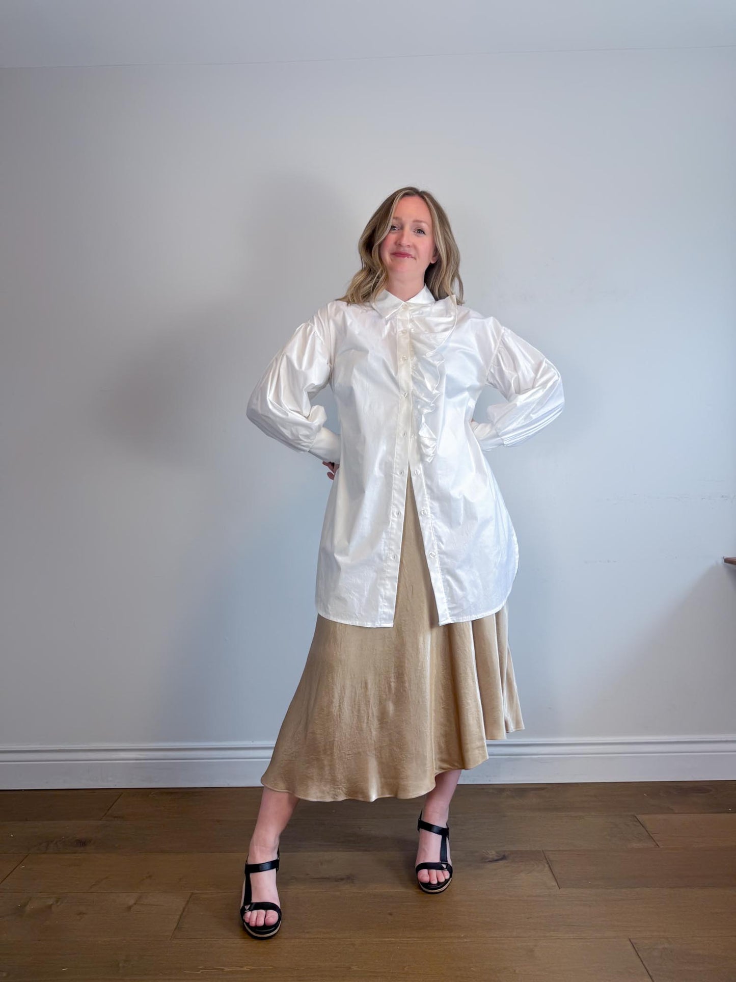 RINASCHIMENTO Long Ruffled Blouse in White (Size L)