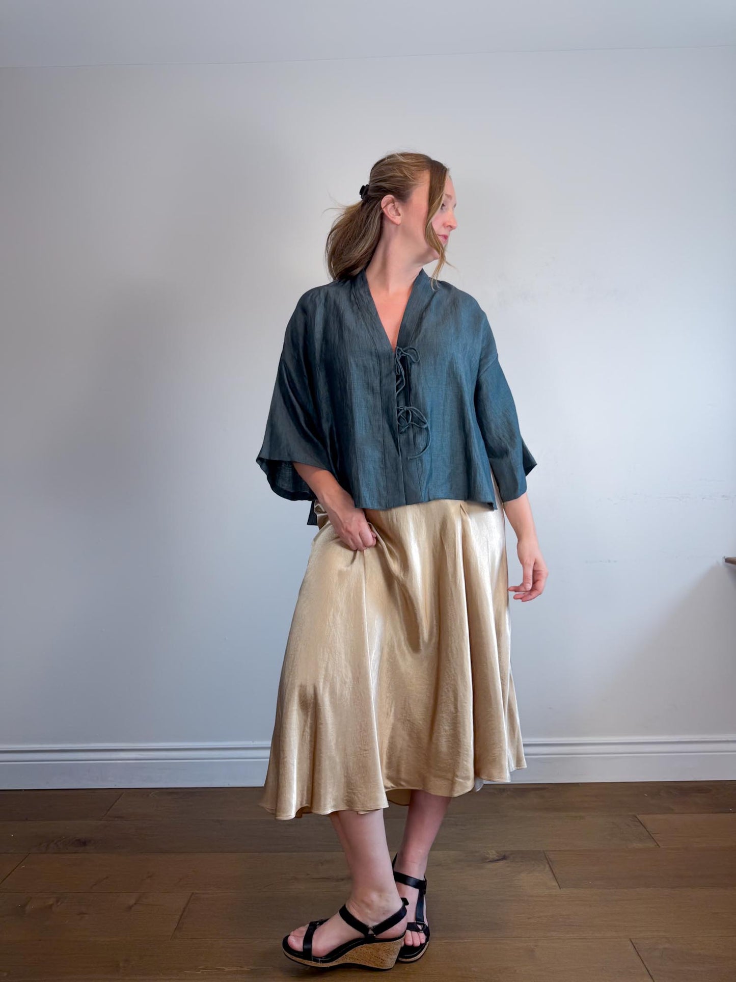 Massimo Dutti Linen Blouse in Dark Teal with Tie Up Front (Size L)
