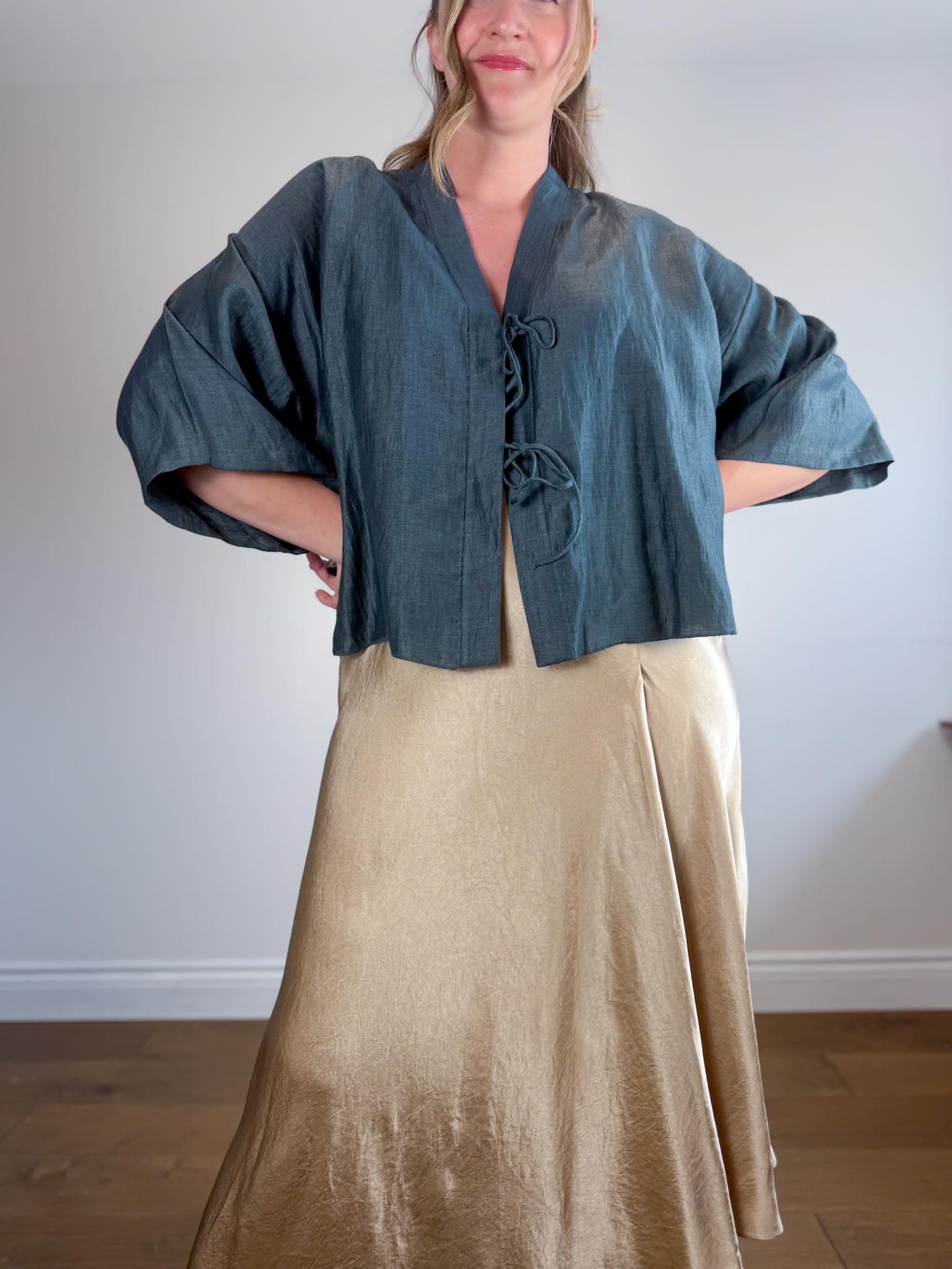 Massimo Dutti Linen Blouse in Dark Teal with Tie Up Front (Size L)