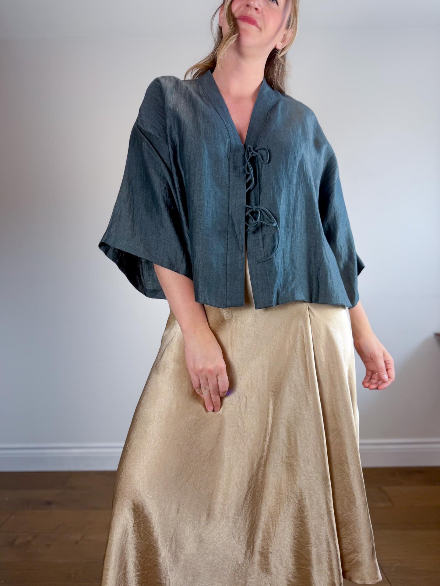 Massimo Dutti Linen Blouse in Dark Teal with Tie Up Front (Size L)