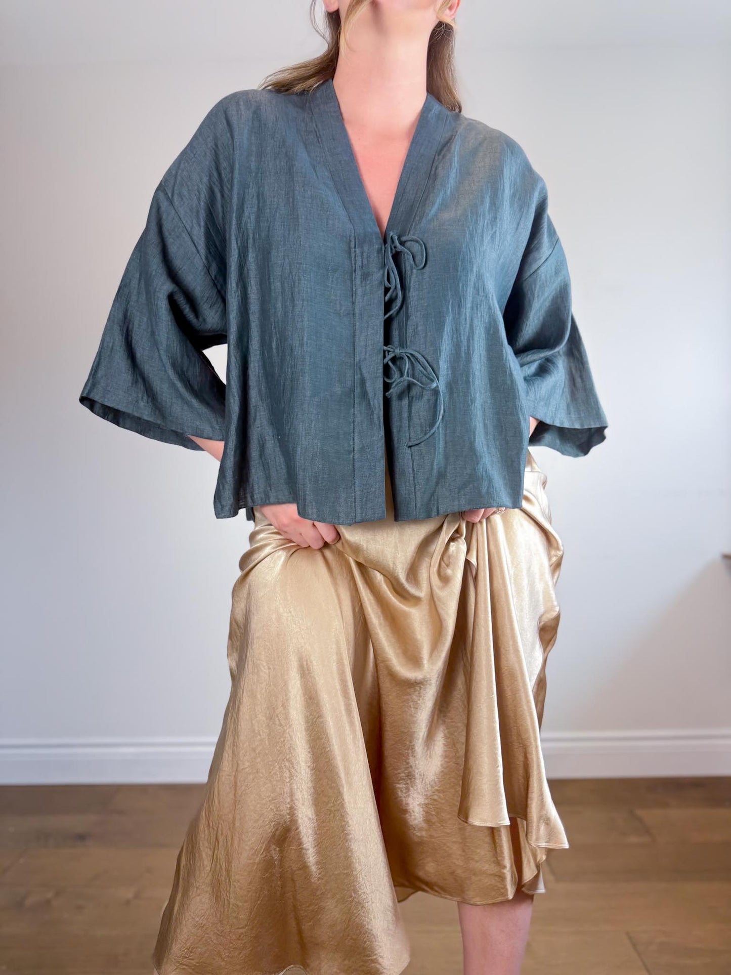Massimo Dutti Linen Blouse in Dark Teal with Tie Up Front (Size L)