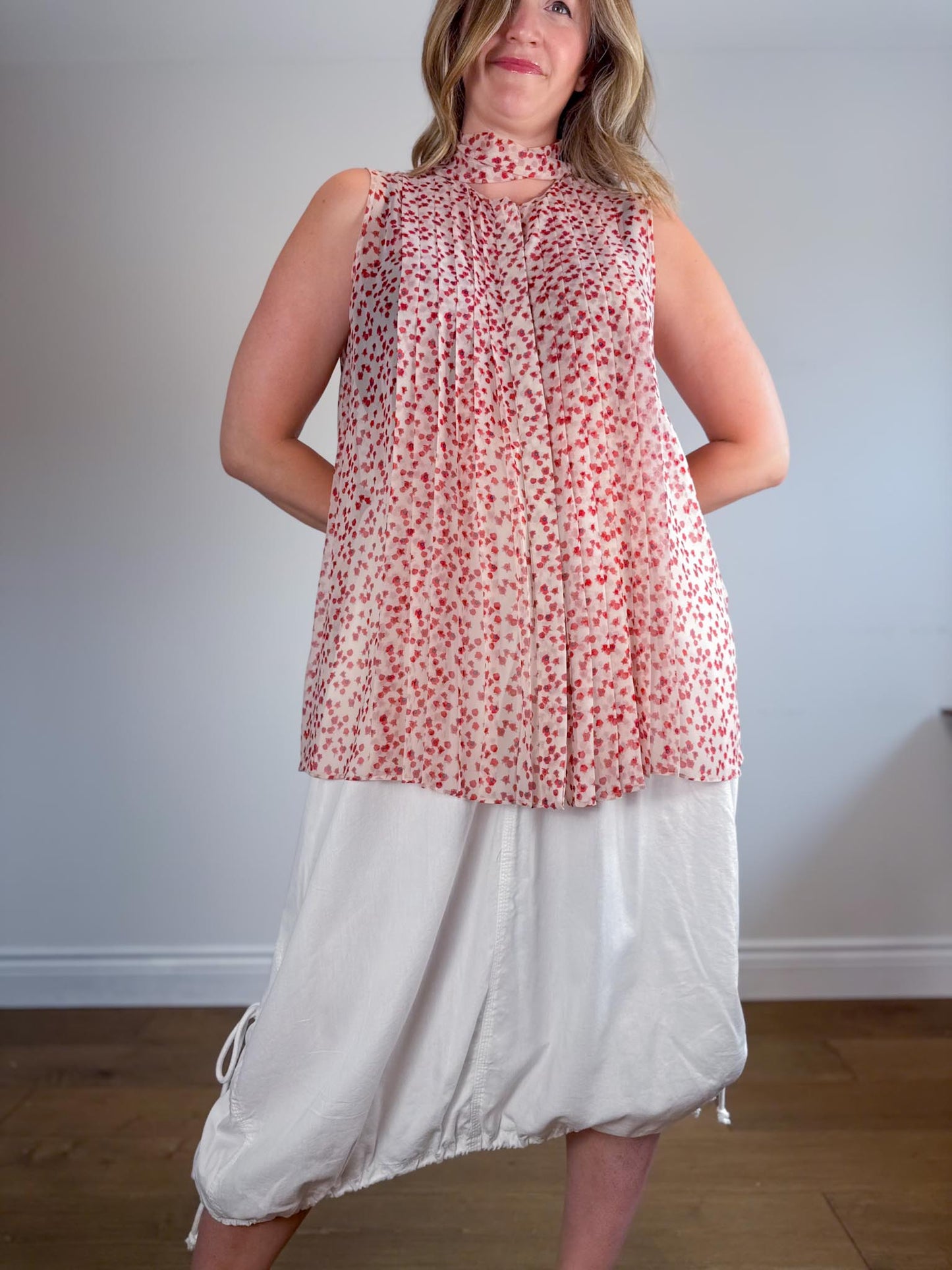 Max Mara Floral Sheer Blouse with Neck Tie in Red/White (Size L)