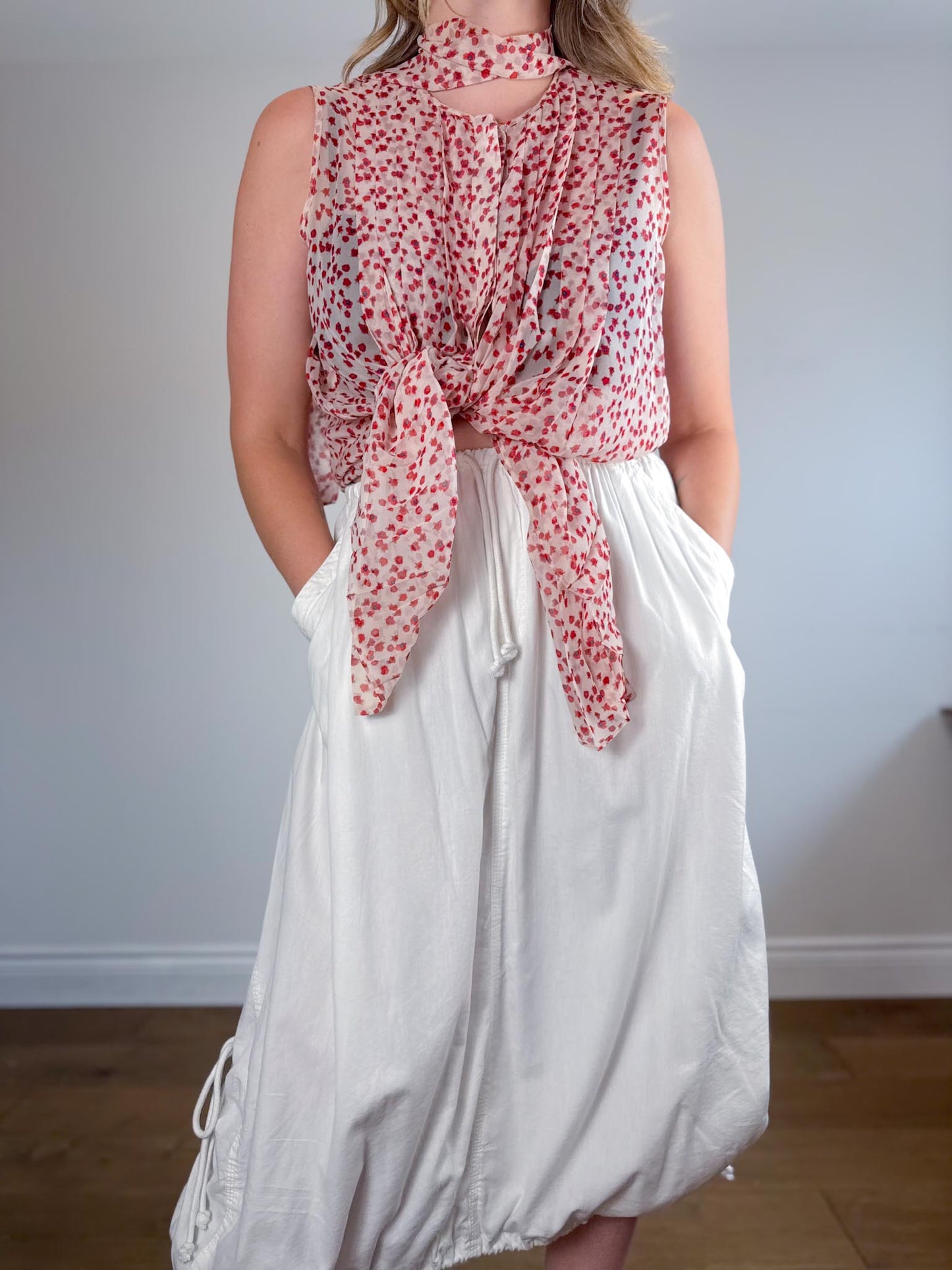 Max Mara Floral Sheer Blouse with Neck Tie in Red/White (Size L)