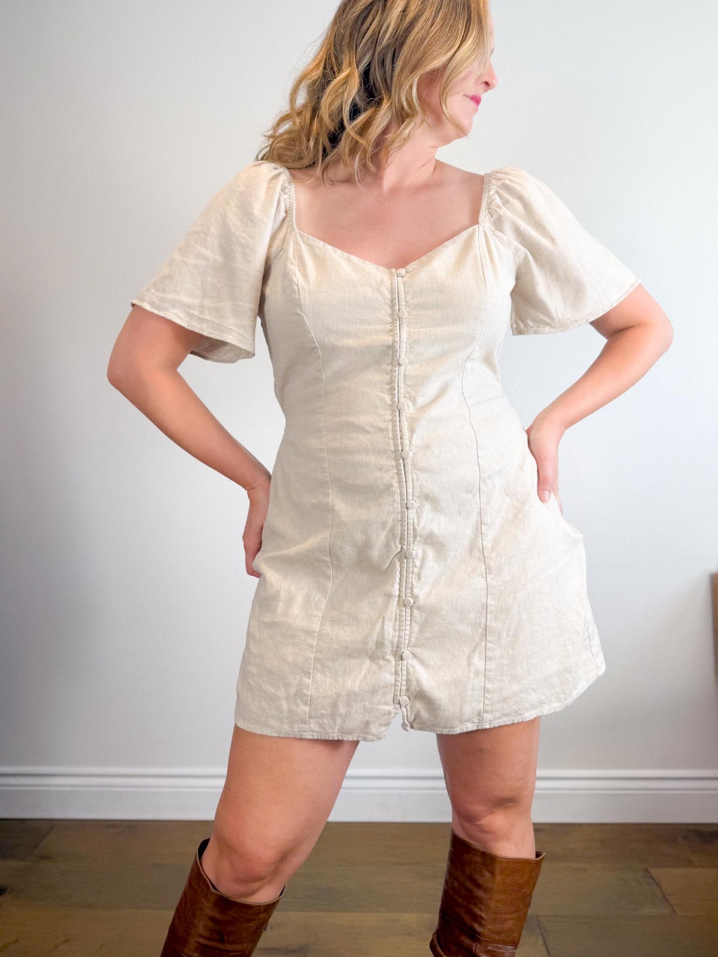 Abercrombie & Fitch Linen Mini Dress in Oatmeal (Size XL)