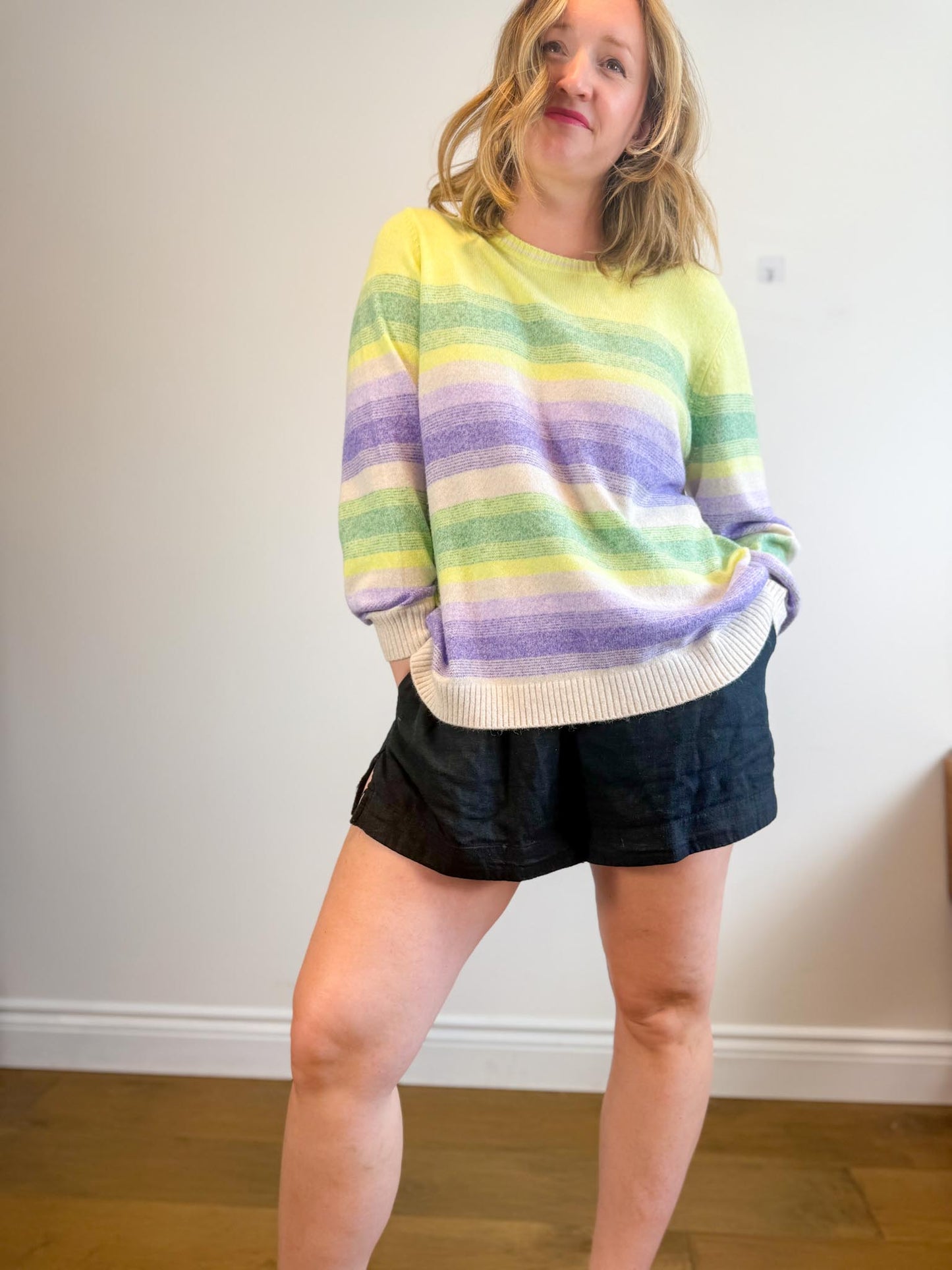 Olsen Striped Crewneck in Yellow/Green/Purple (Size XL)