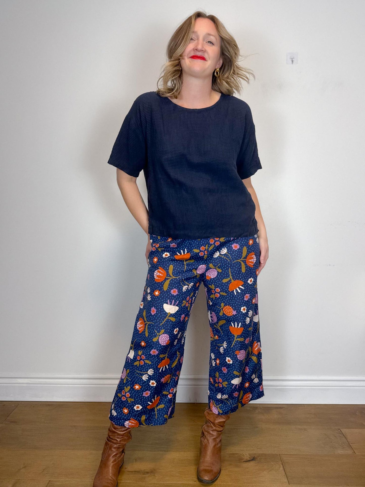 Eileen Fisher Linen Boxy Top in Navy Gingham (Size M)