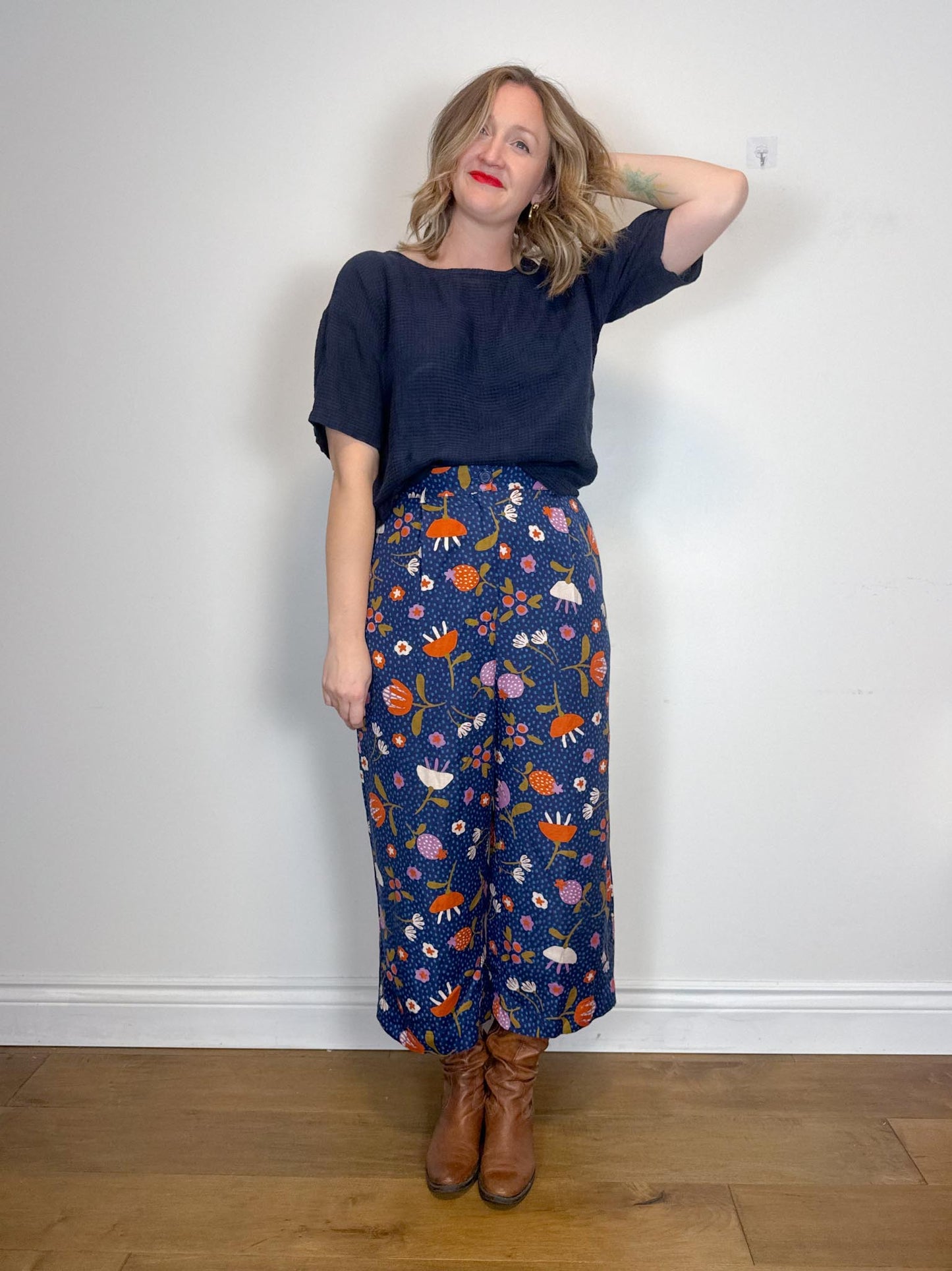 Eileen Fisher Linen Boxy Top in Navy Gingham (Size M)
