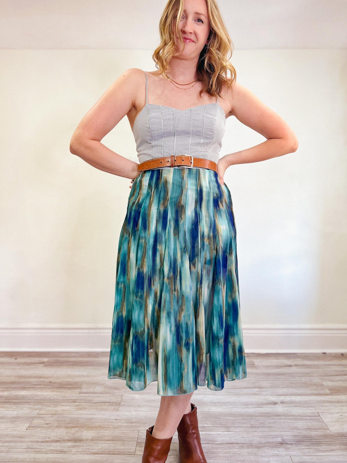 Multi-Colour Teal Flowing Midi Skirt (Size M/L)