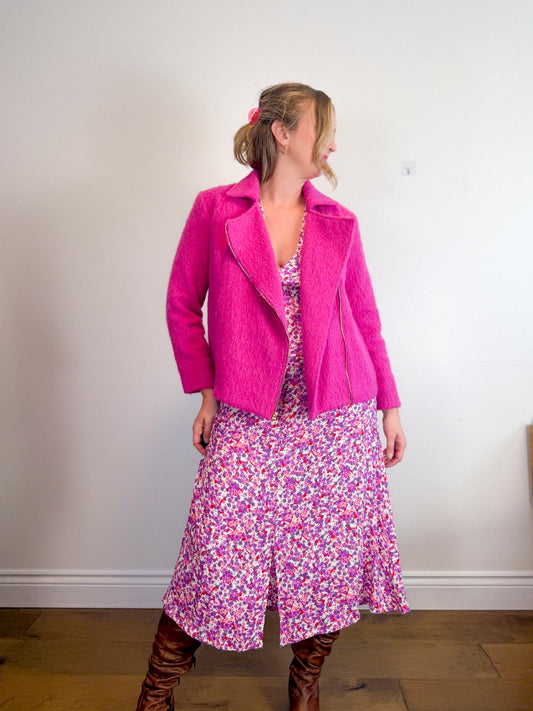 Eliza Faulkner Slow Fashion Silk Blend Fuzzy Moto Jacket in Hot Pink (Size S/M)