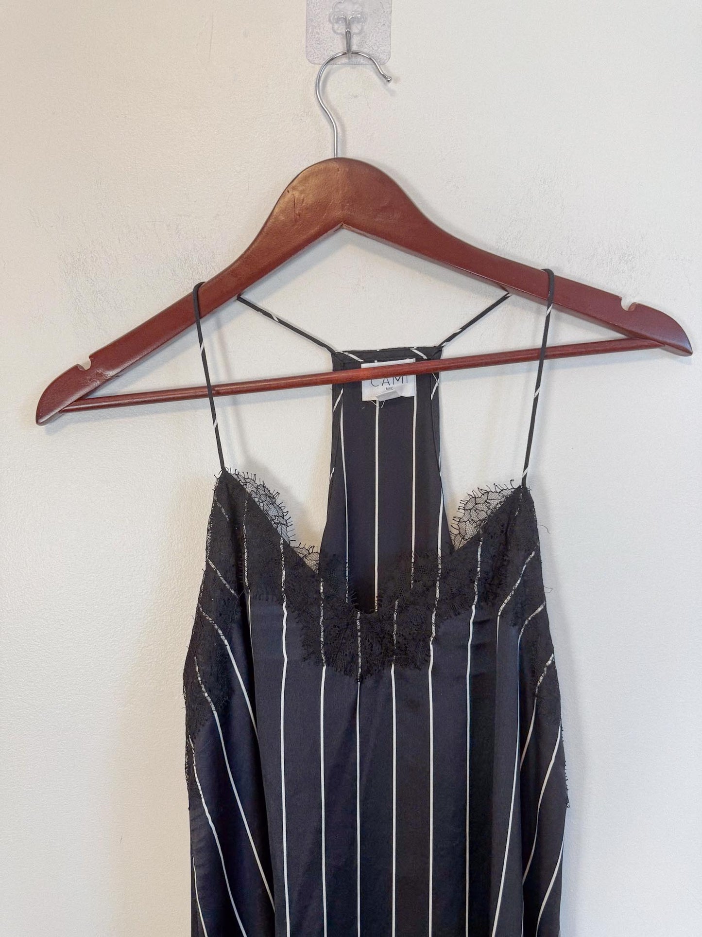 CAMI NYC "Racer Charmeuse Silk Camisole in Black/White Stripe " (Size S)