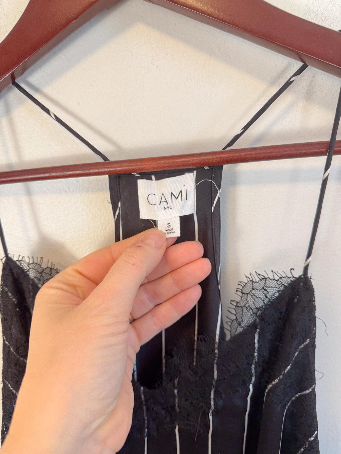 CAMI NYC "Racer Charmeuse Silk Camisole in Black/White Stripe " (Size S)