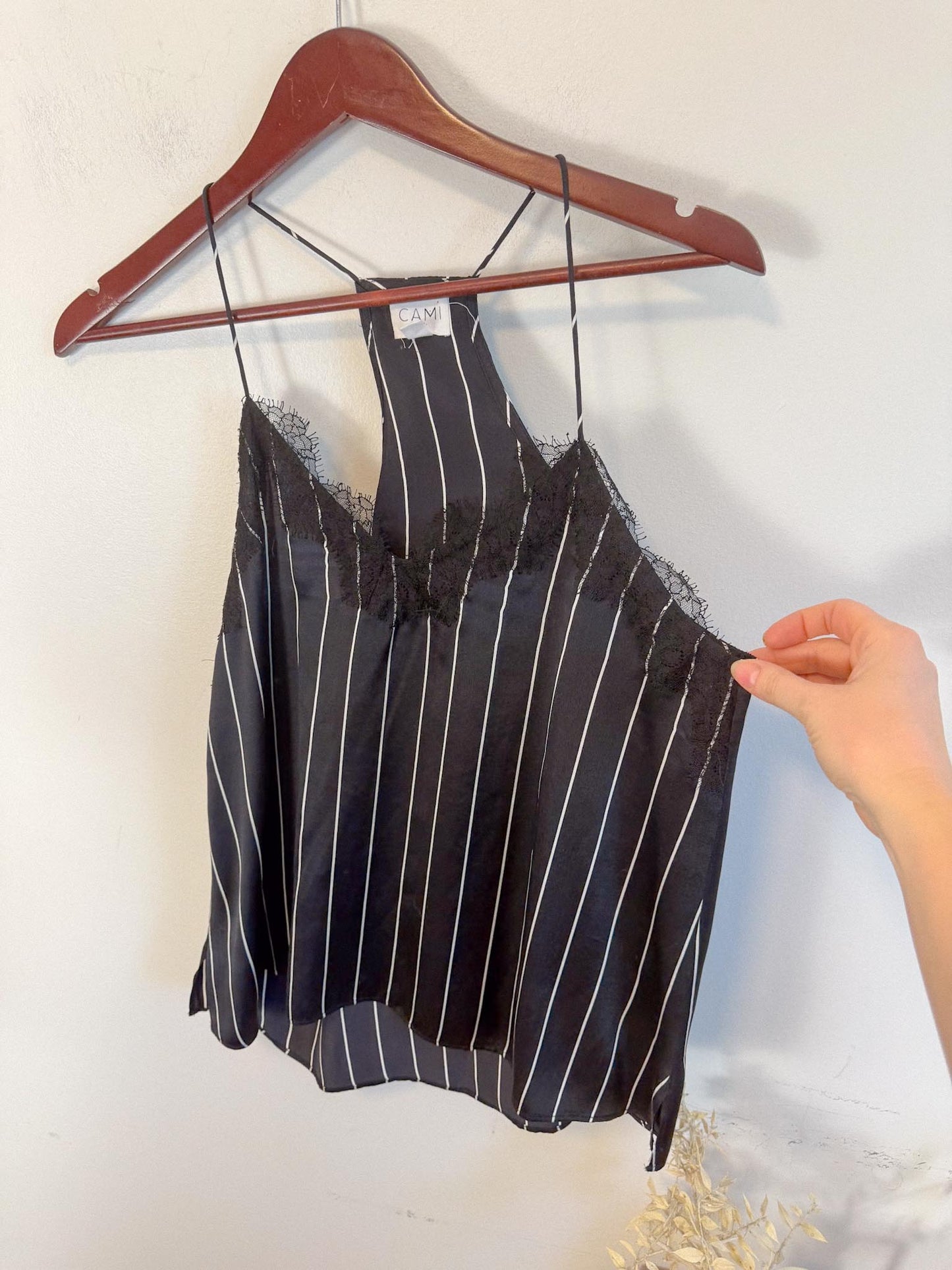 CAMI NYC "Racer Charmeuse Silk Camisole in Black/White Stripe " (Size S)