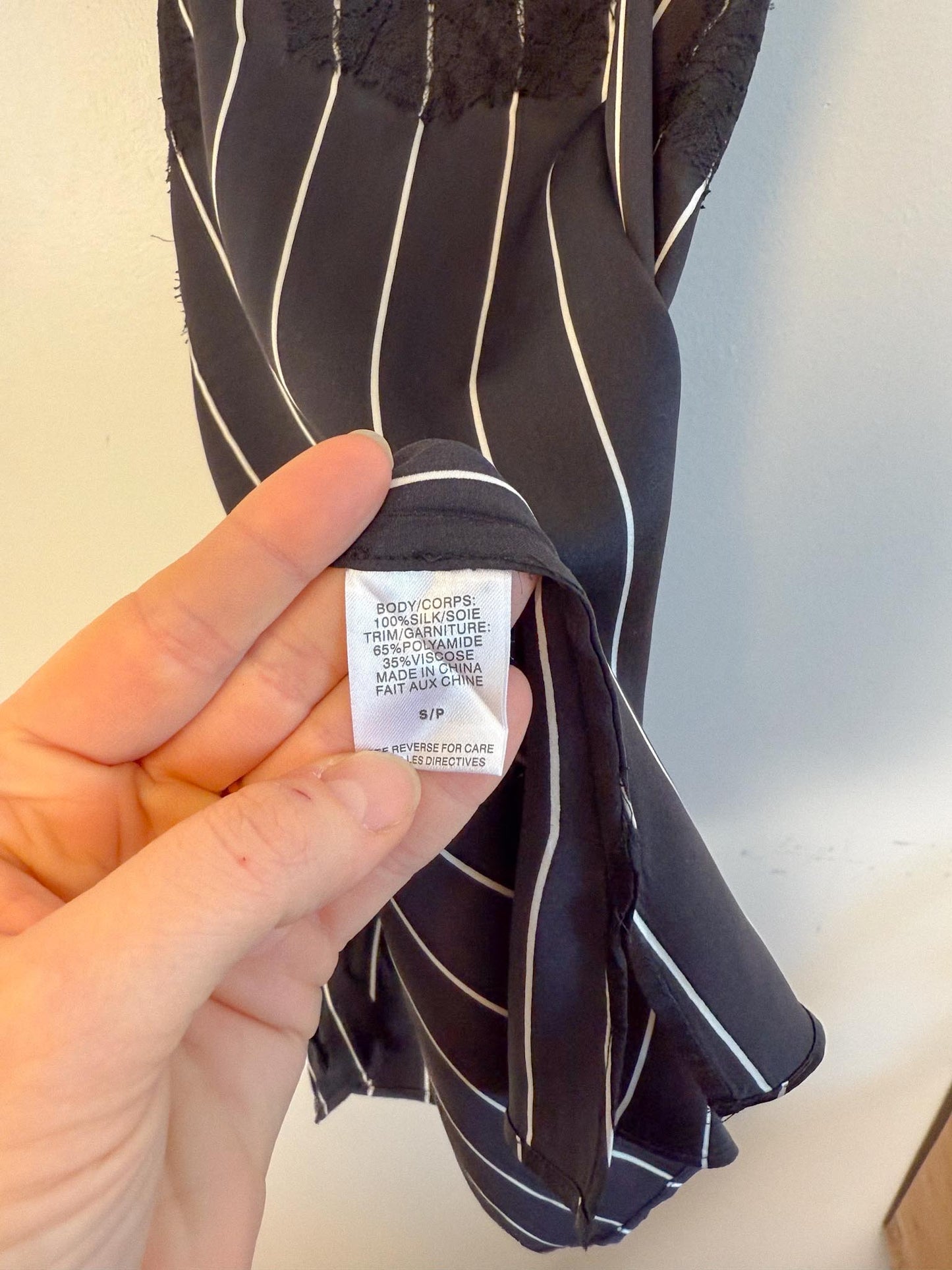 CAMI NYC "Racer Charmeuse Silk Camisole in Black/White Stripe " (Size S)