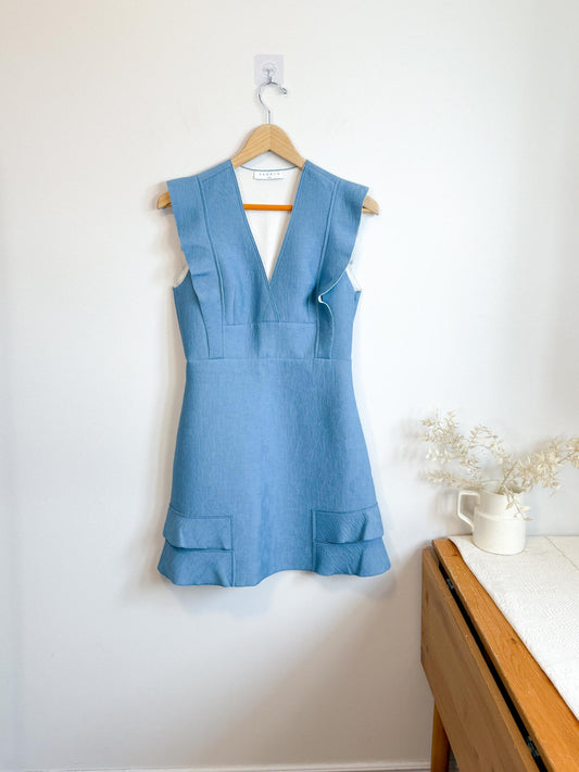 Sandro Textured Pattern Ruffled Mini Dress in Blue (Size S)