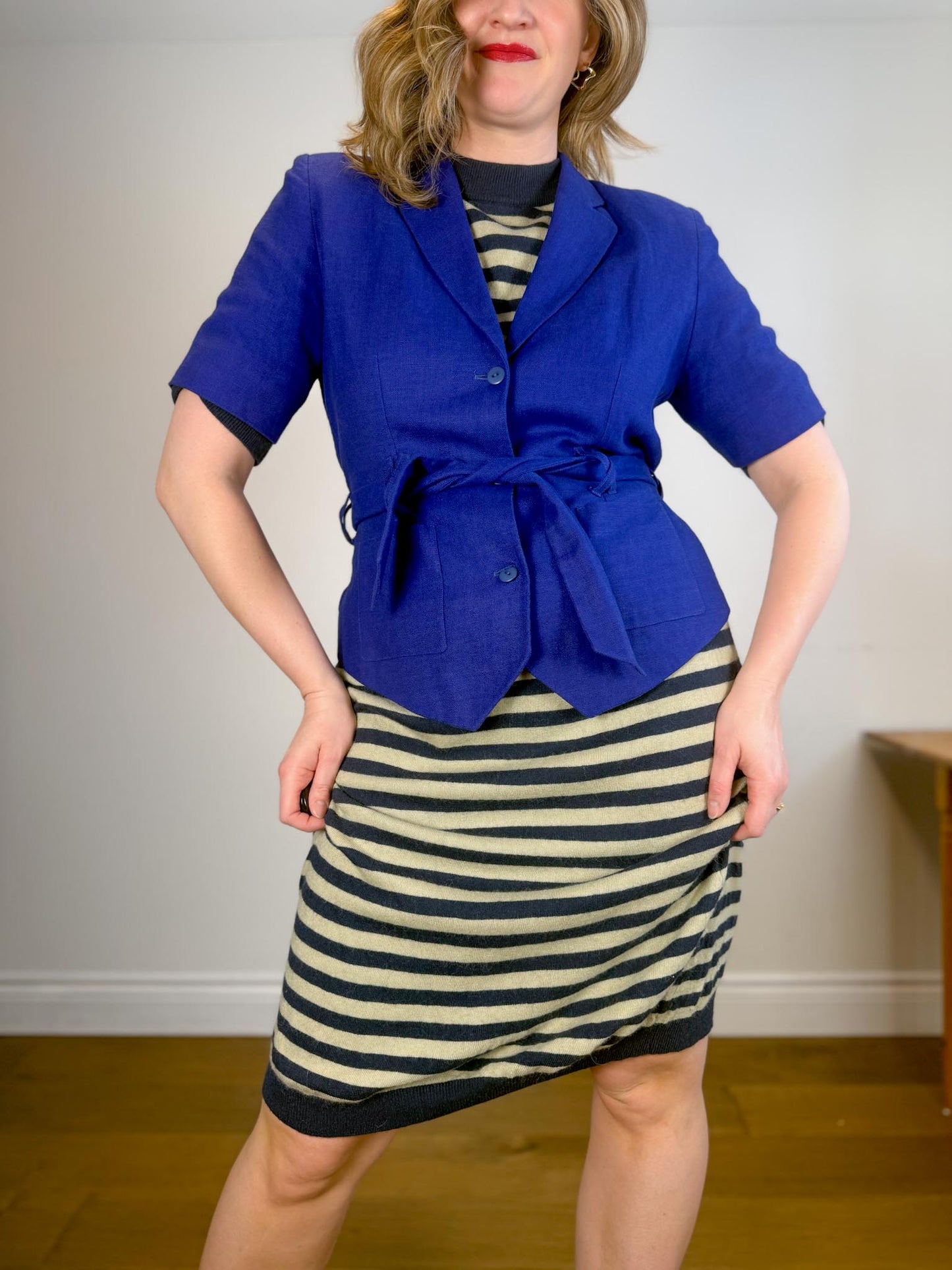 Vintage RODIER Short Sleeve Linen Blazer in Cobalt Blue (Size L)