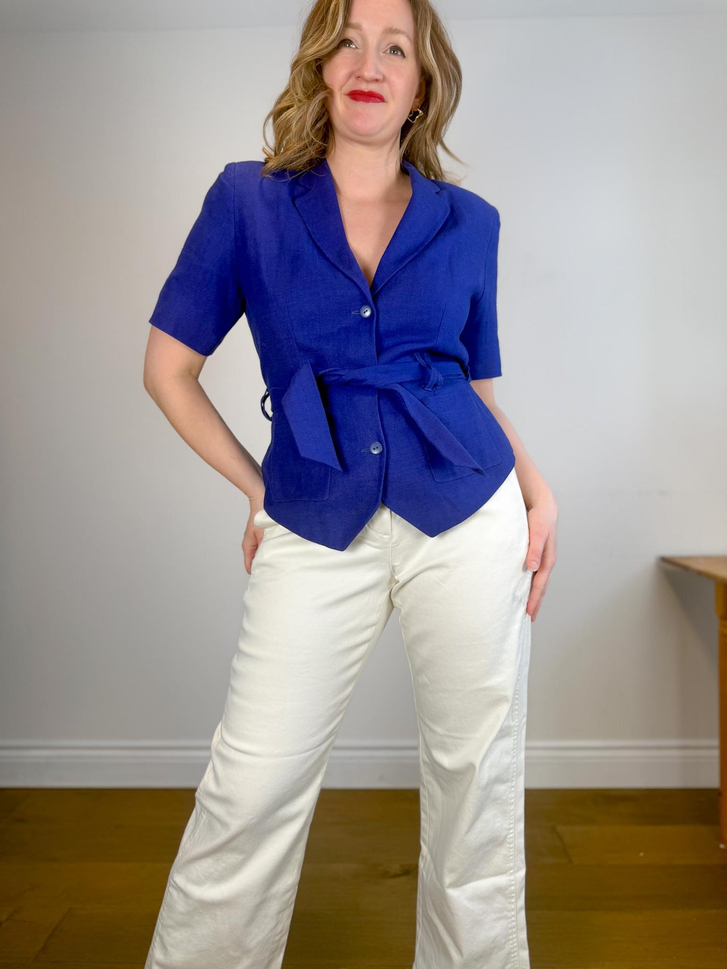 Vintage RODIER Short Sleeve Linen Blazer in Cobalt Blue (Size L)