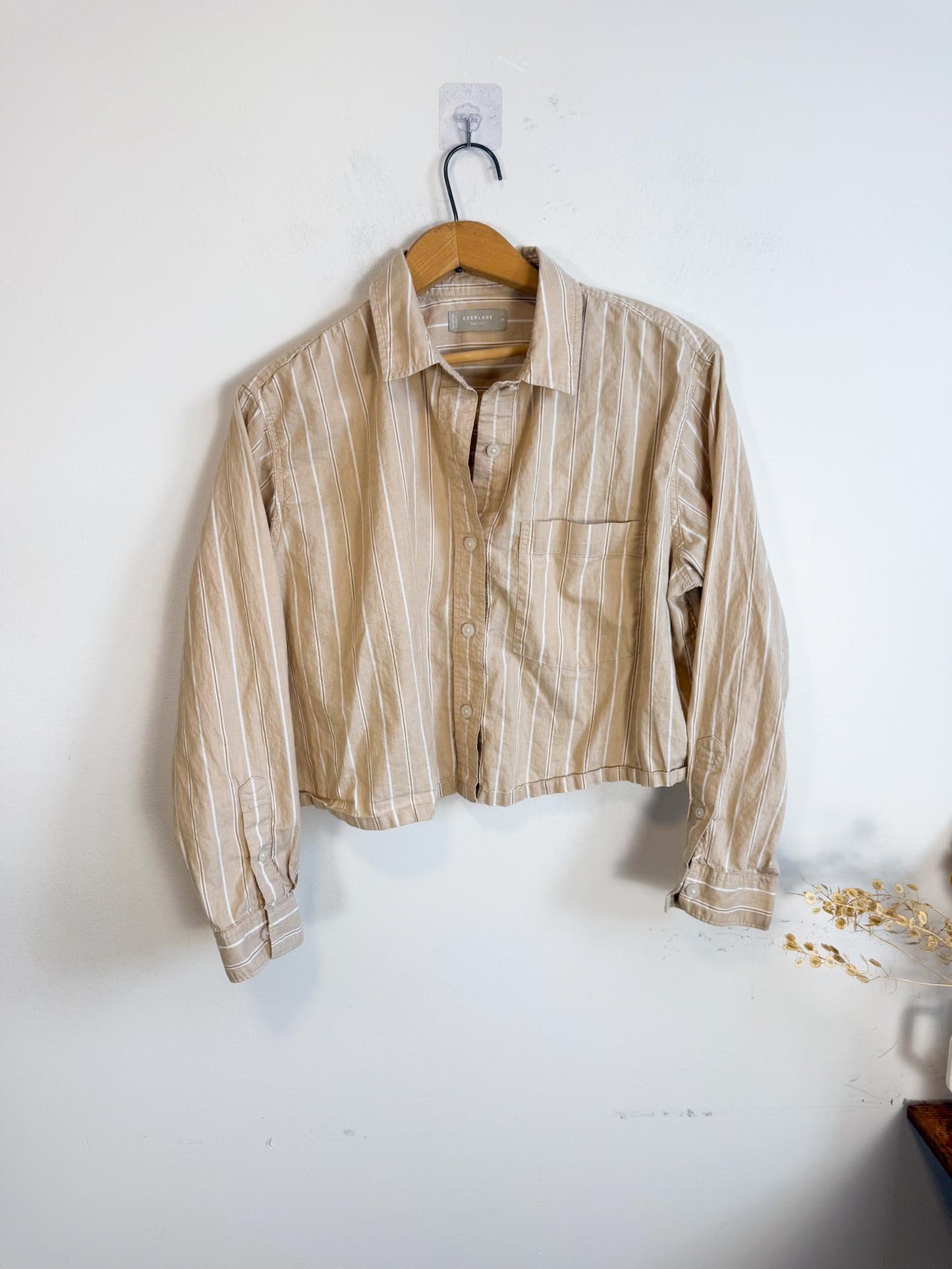 Everlane "The Way Short Shirt in Silky Cotton" in Beige/White Stripe (Size M/L)