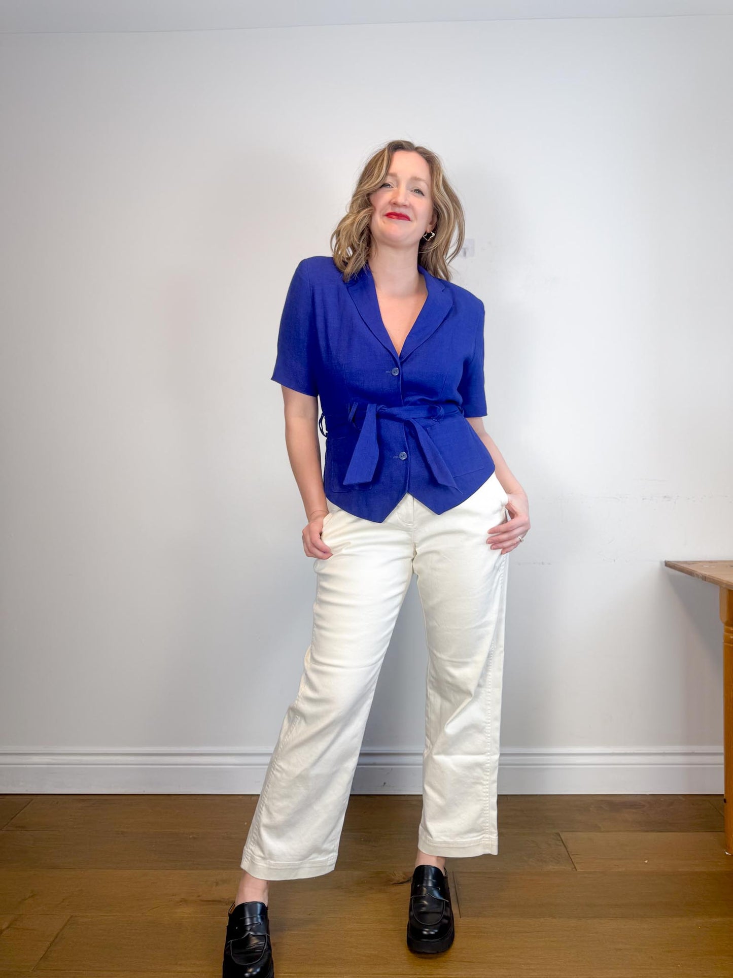 Vintage RODIER Short Sleeve Linen Blazer in Cobalt Blue (Size L)