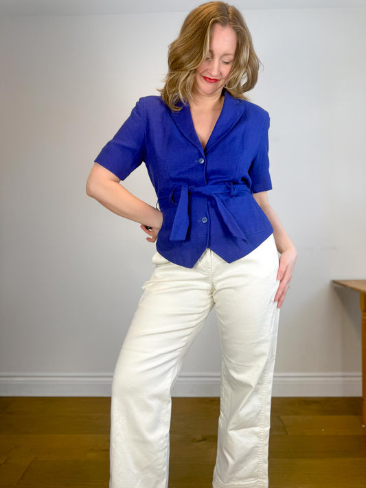 Vintage RODIER Short Sleeve Linen Blazer in Cobalt Blue (Size L)