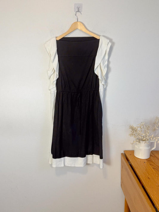 See by Chloe Designer Midi Dress in Black with White Ruffle (Size L)