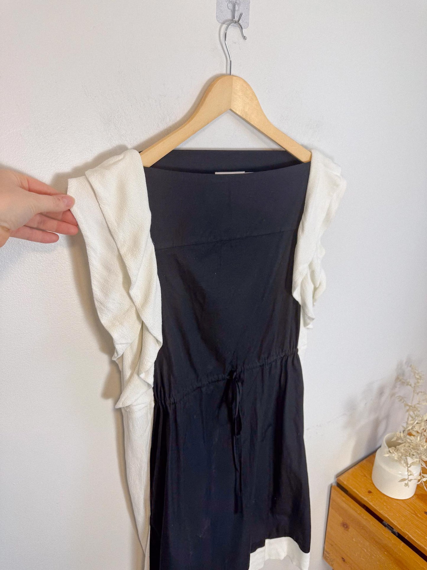 See by Chloe Designer Midi Dress in Black with White Ruffle (Size L)