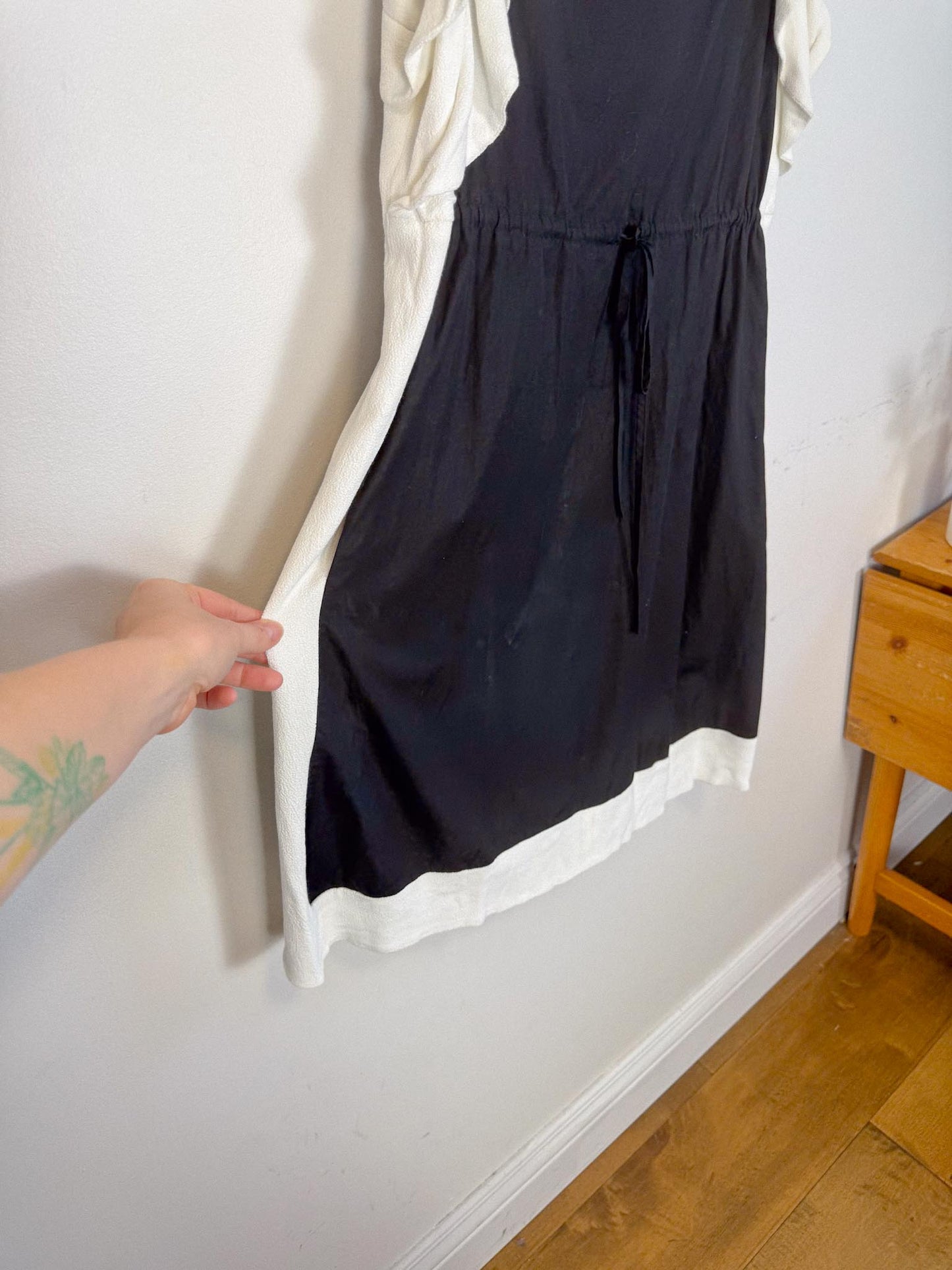 See by Chloe Designer Midi Dress in Black with White Ruffle (Size L)