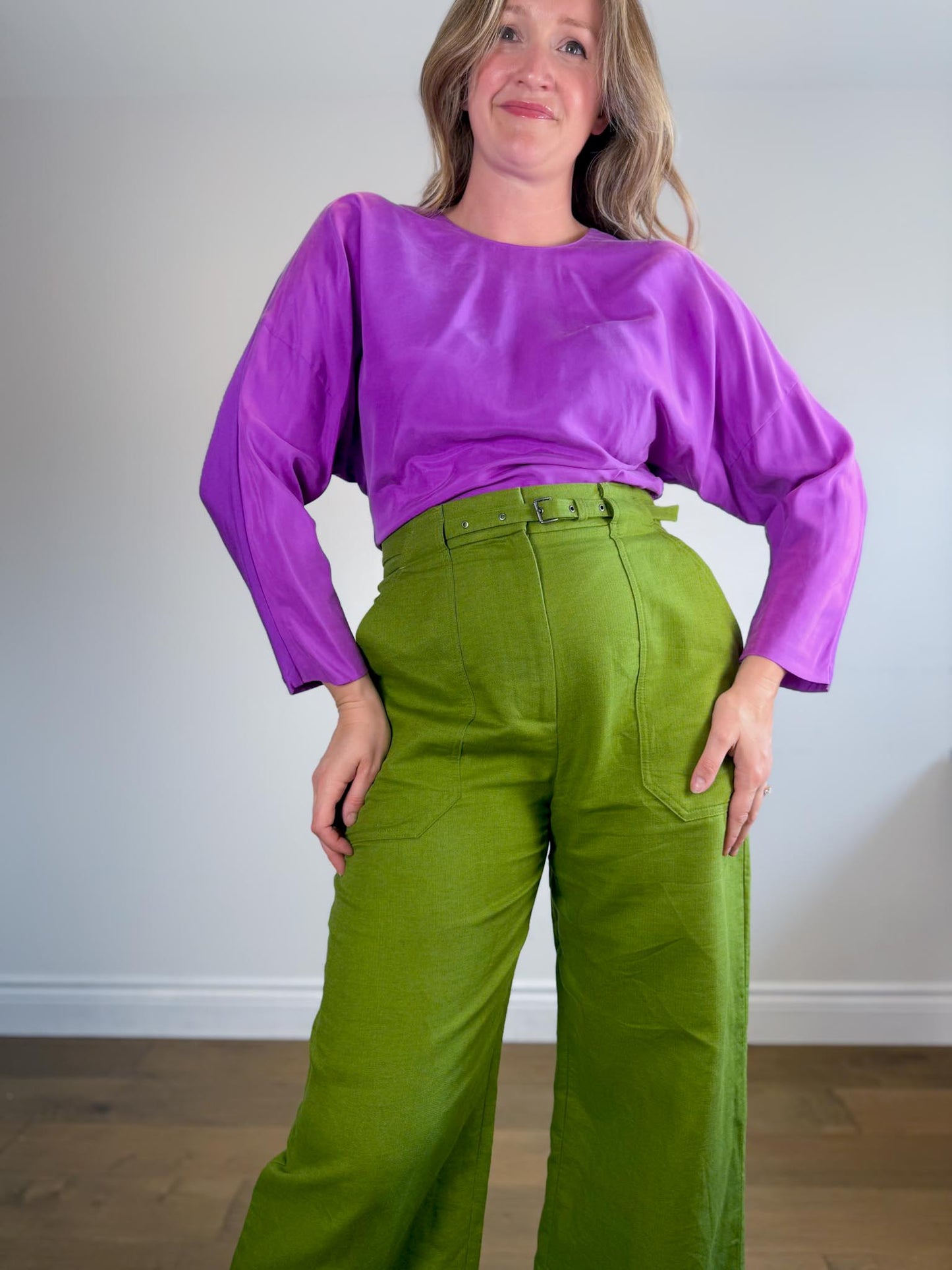 JIGSAW "Silk Front Ruched Waist Top in Purple" (Size L)