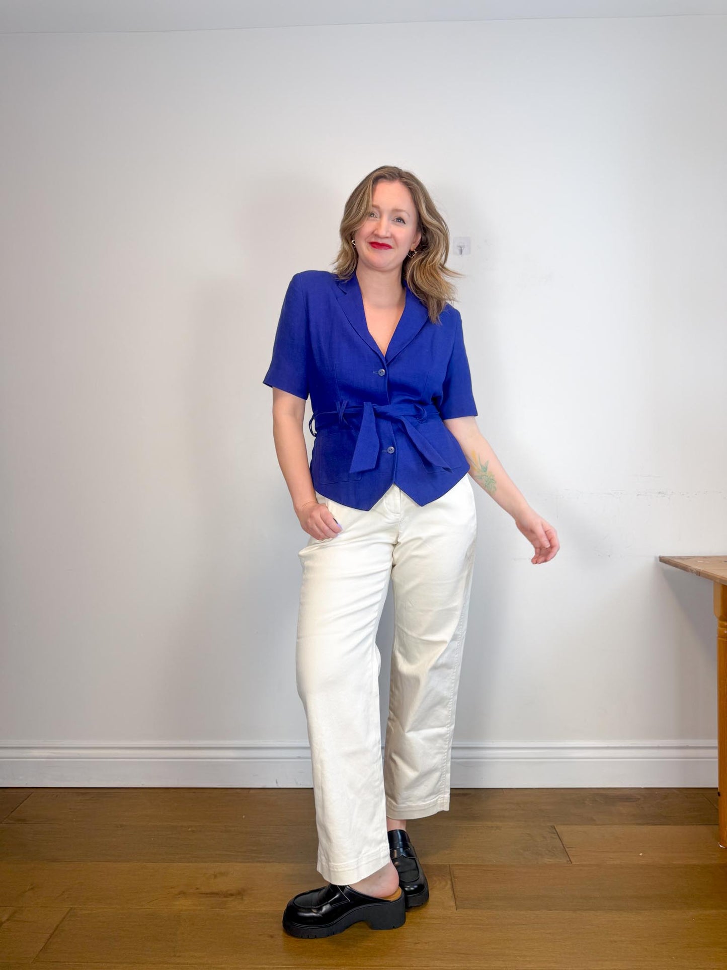 Vintage RODIER Short Sleeve Linen Blazer in Cobalt Blue (Size L)