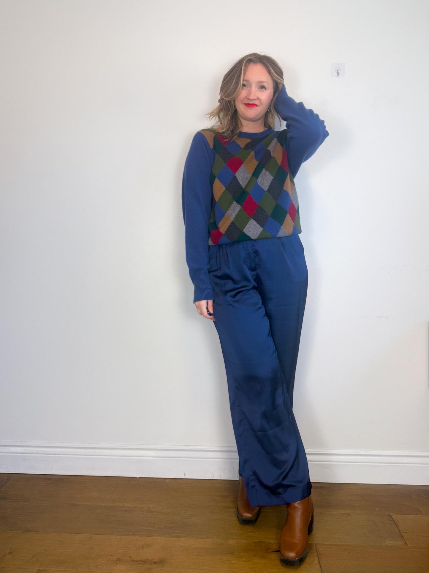 Abercrombie Satin Wide Leg Trousers in Navy (Size 31)