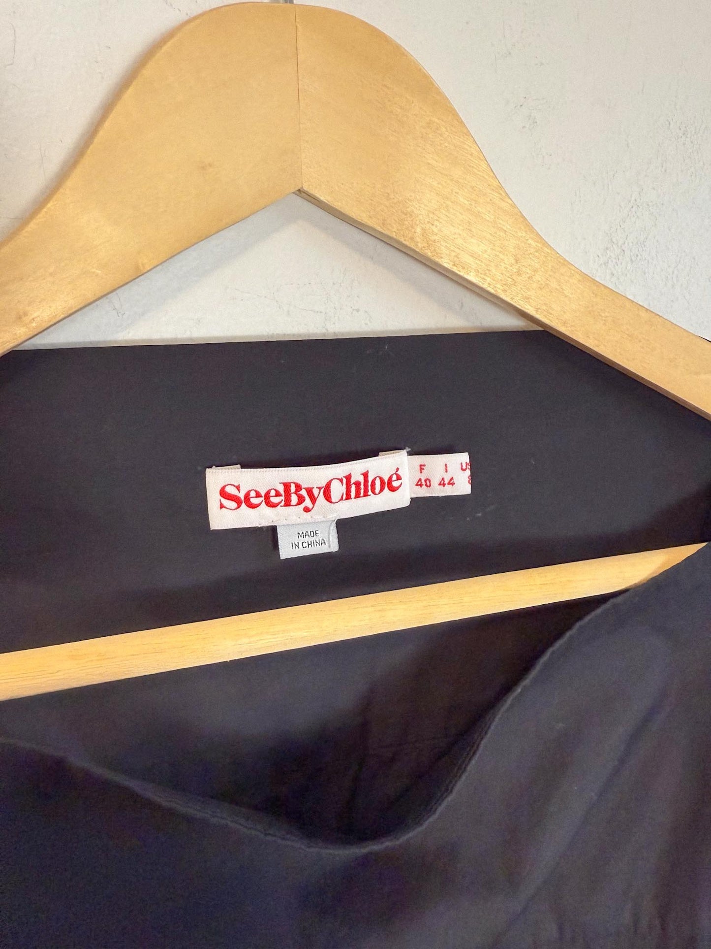 See by Chloe Designer Midi Dress in Black with White Ruffle (Size L)