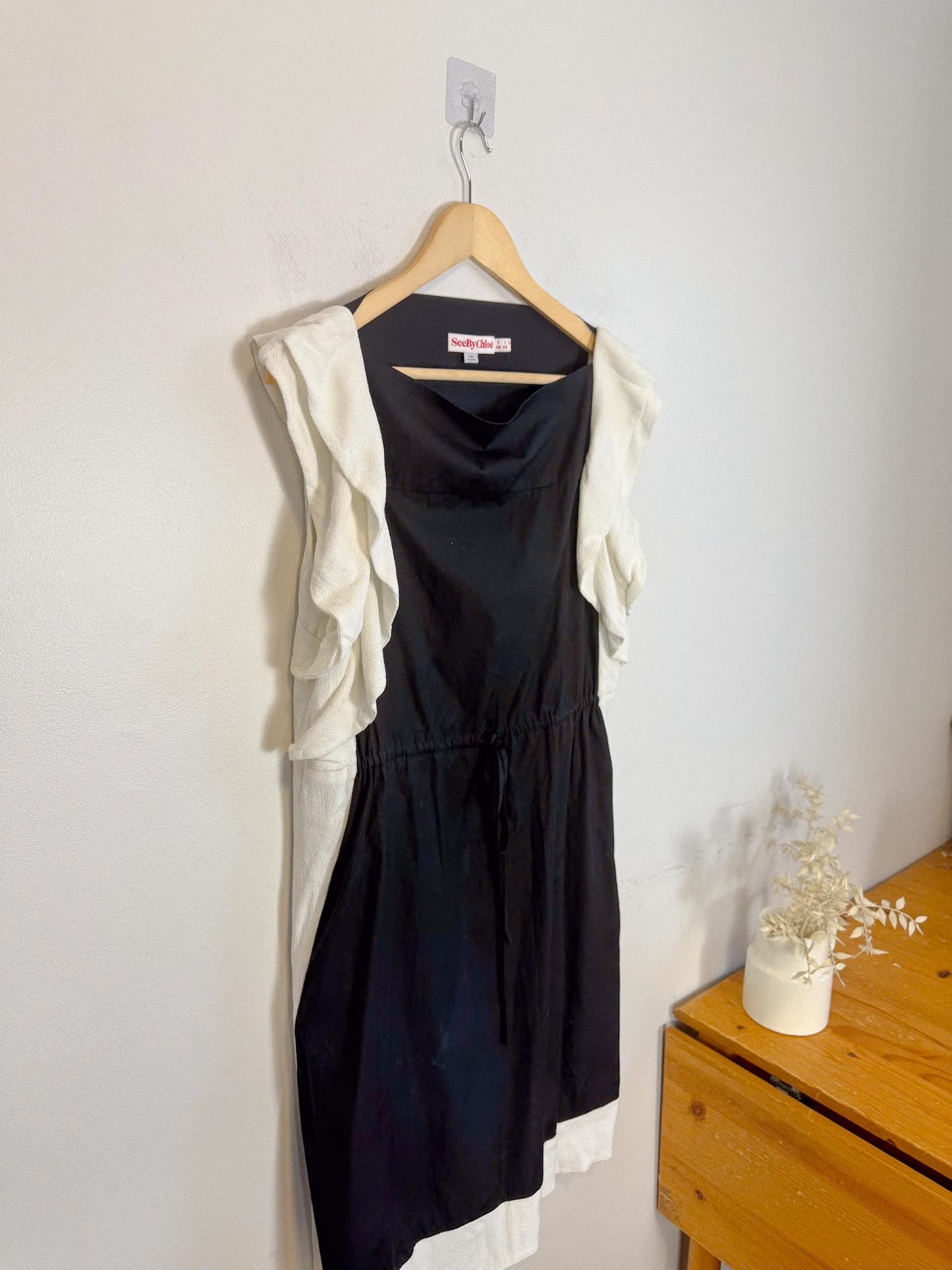 See by Chloe Designer Midi Dress in Black with White Ruffle (Size L)