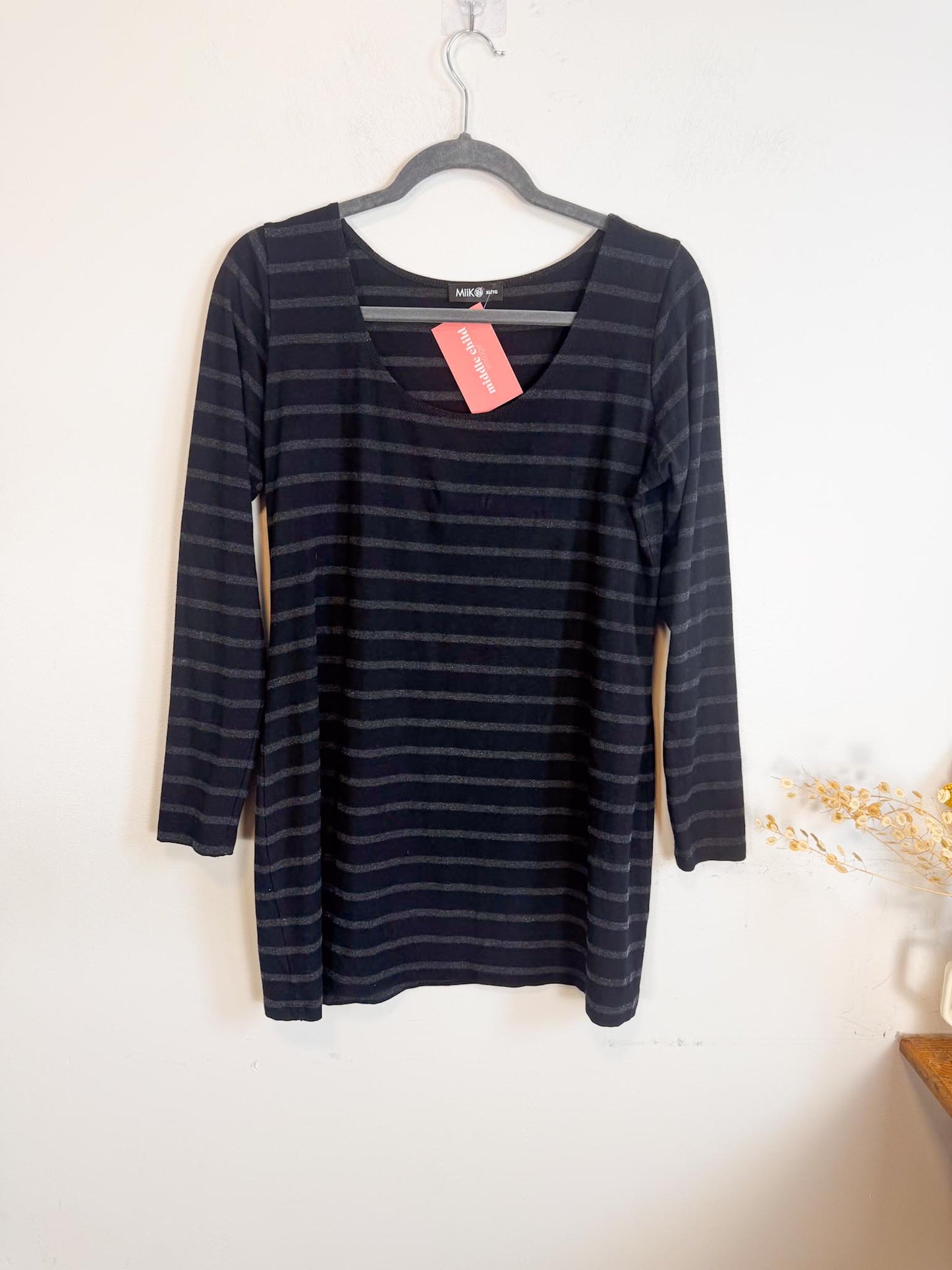 MiiK Slow Fashion Long Sleeve Top in Black Grey Stripe (Size XL)