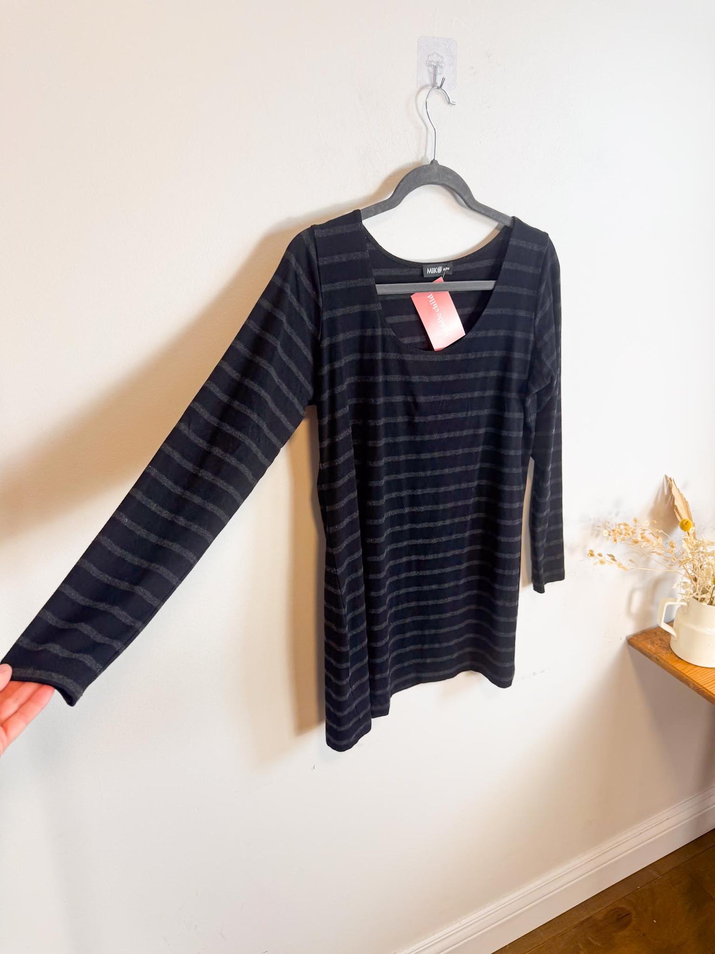 MiiK Slow Fashion Long Sleeve Top in Black Grey Stripe (Size XL)