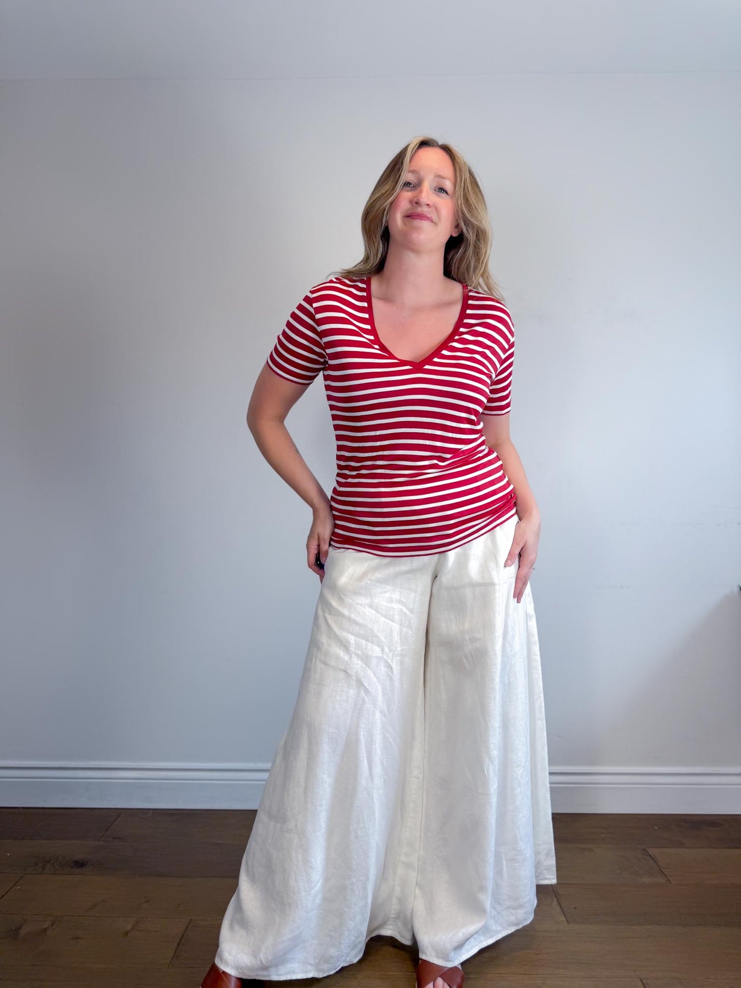 The Kooples Striped V-Neck T-Shirt in Red/White (Size L)