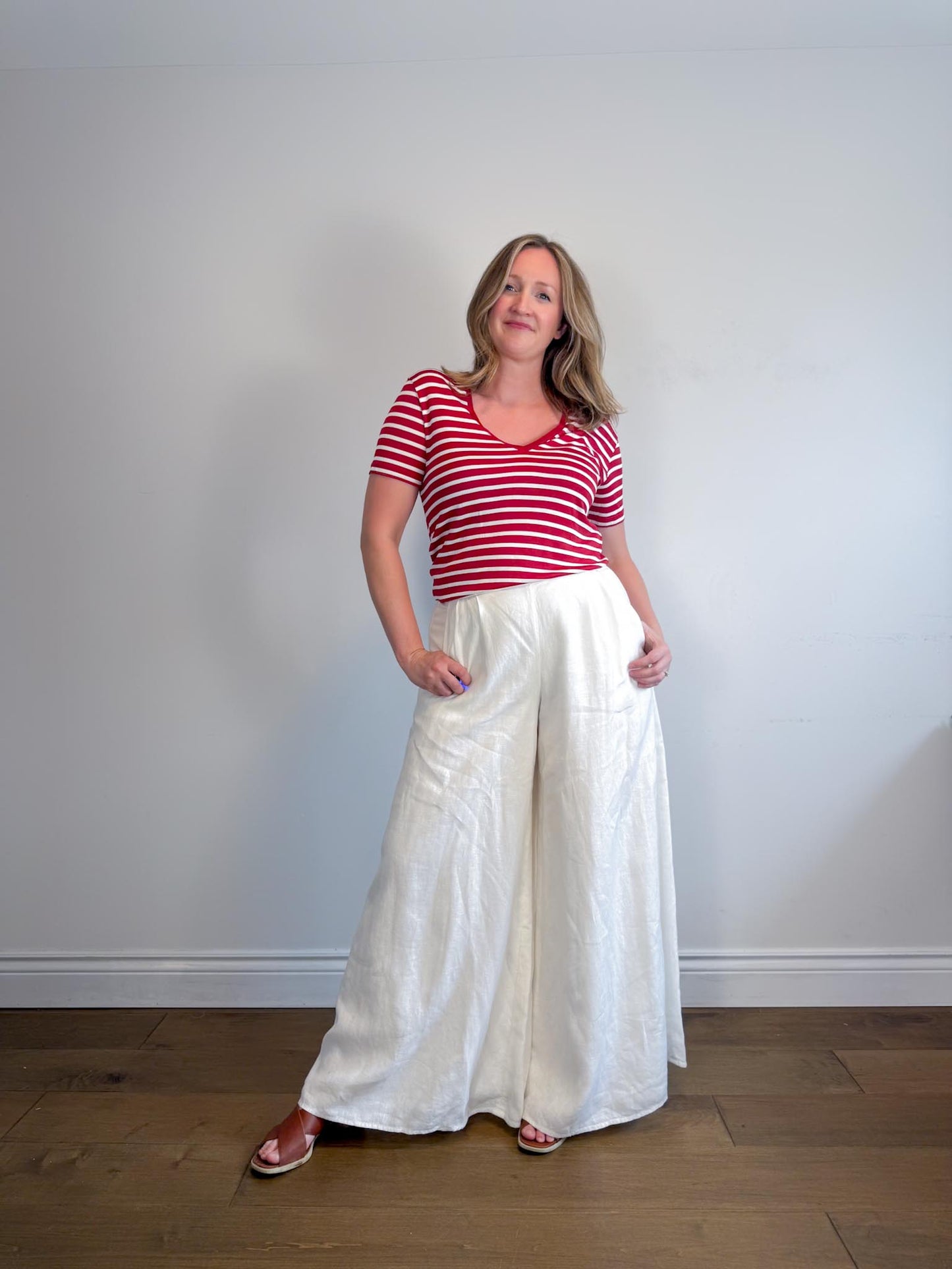 The Kooples Striped V-Neck T-Shirt in Red/White (Size L)