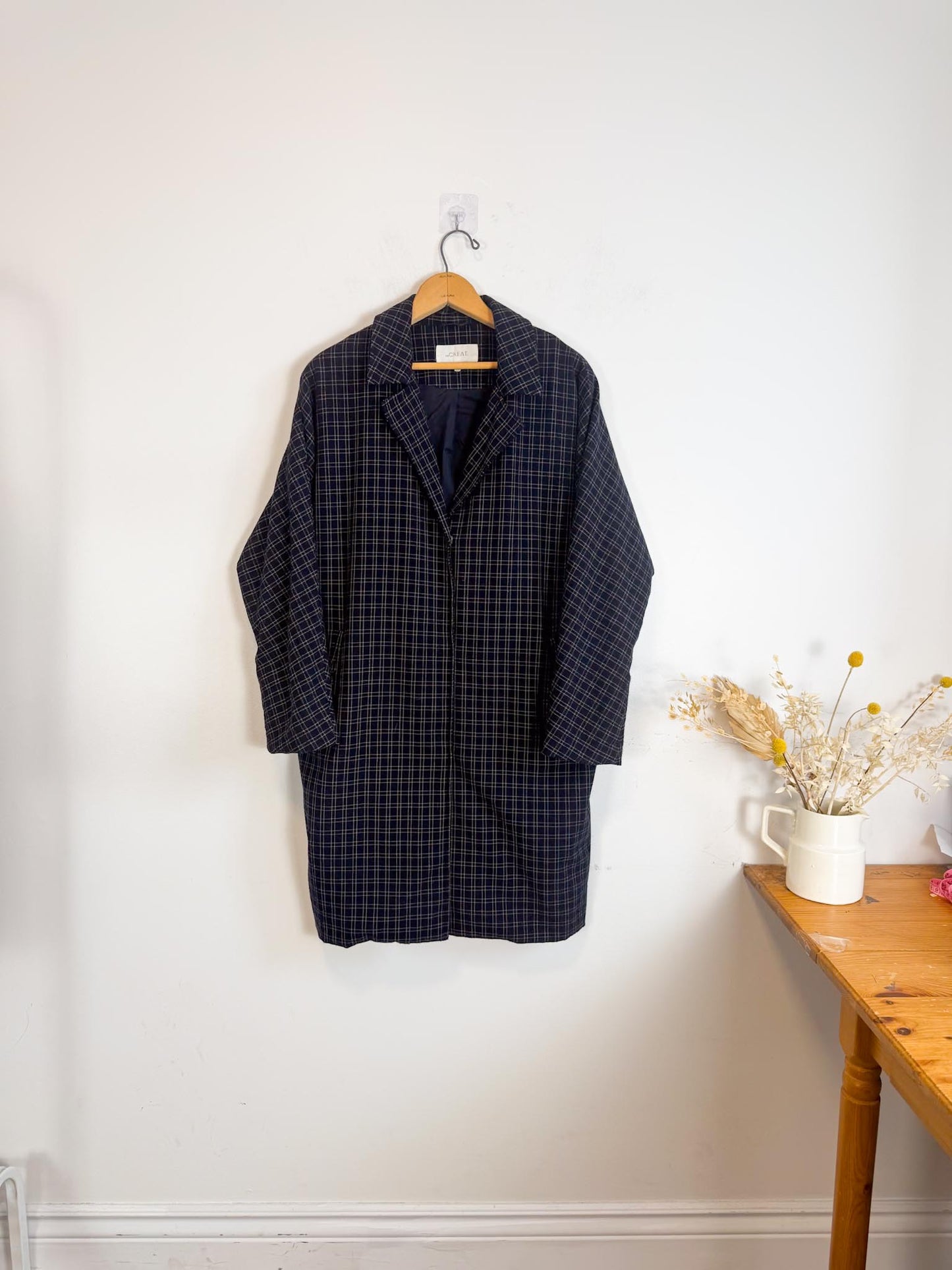THE GREAT "The Tour Flannel Coat in Navy Checked Twill" (Size S/M)