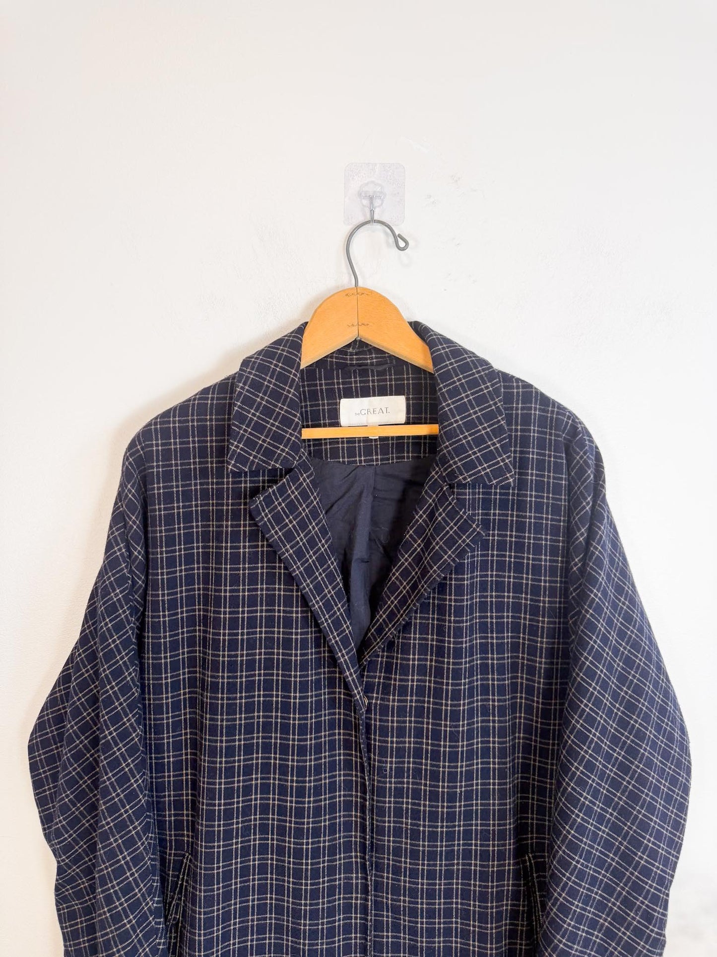 THE GREAT "The Tour Flannel Coat in Navy Checked Twill" (Size S/M)