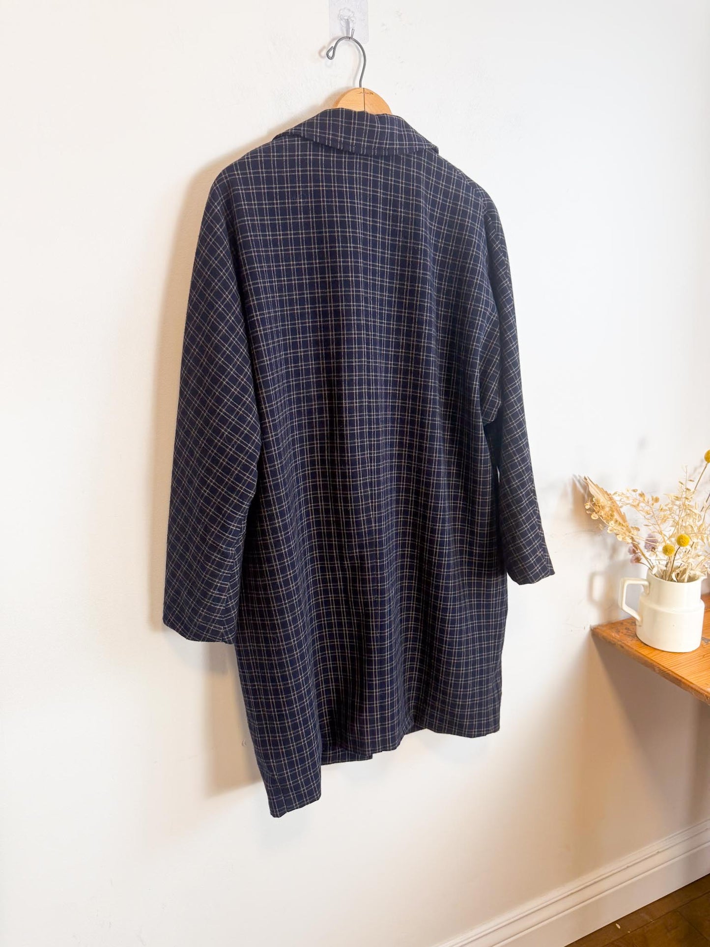 THE GREAT "The Tour Flannel Coat in Navy Checked Twill" (Size S/M)