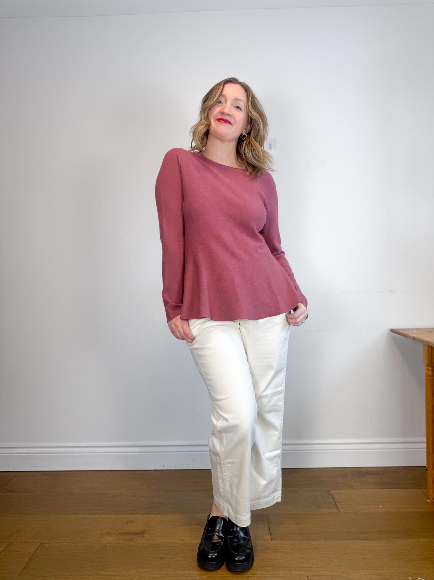 Contemporaine Simons Long Sleeve Peplum Top in Dusty Rose NWT (Size XL)