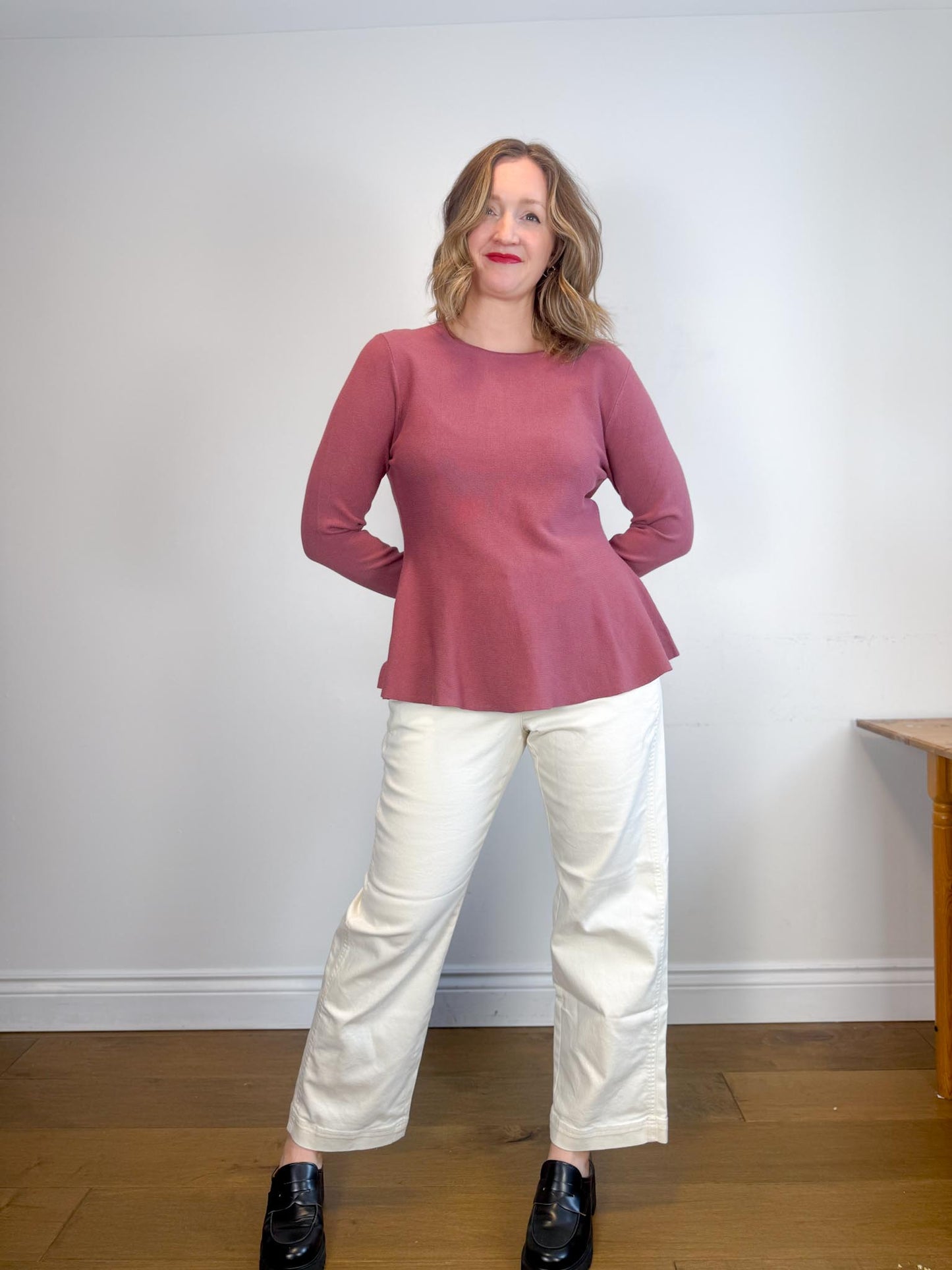 Contemporaine Simons Long Sleeve Peplum Top in Dusty Rose NWT (Size XL)