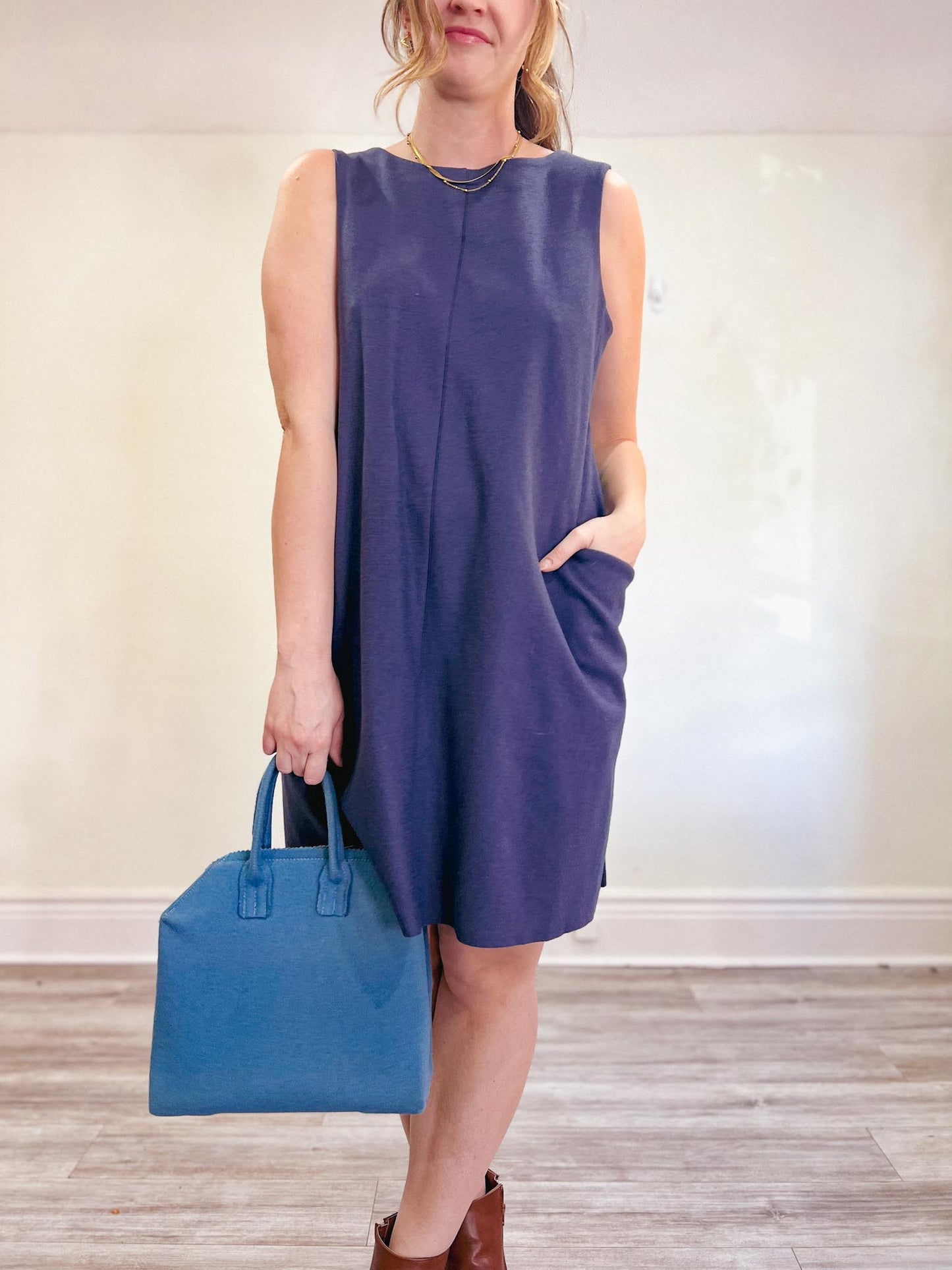 COS Wool Blend Shift Dress with Pockets in Slate Blue (Size L)