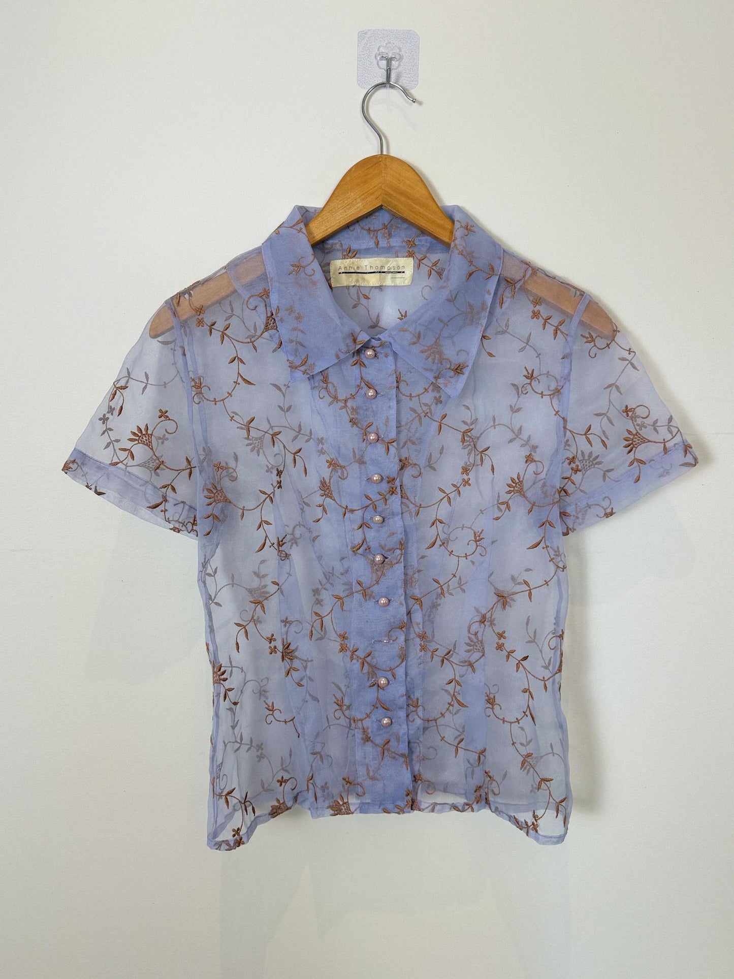 Vintage Annie Thompson Sheer Floral Blouse in Blue (Size S)