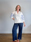 Weekend Max Mara"Embroidered Wrap Blouse in White/Blue" (Size L)