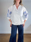 Weekend Max Mara"Embroidered Wrap Blouse in White/Blue" (Size L)