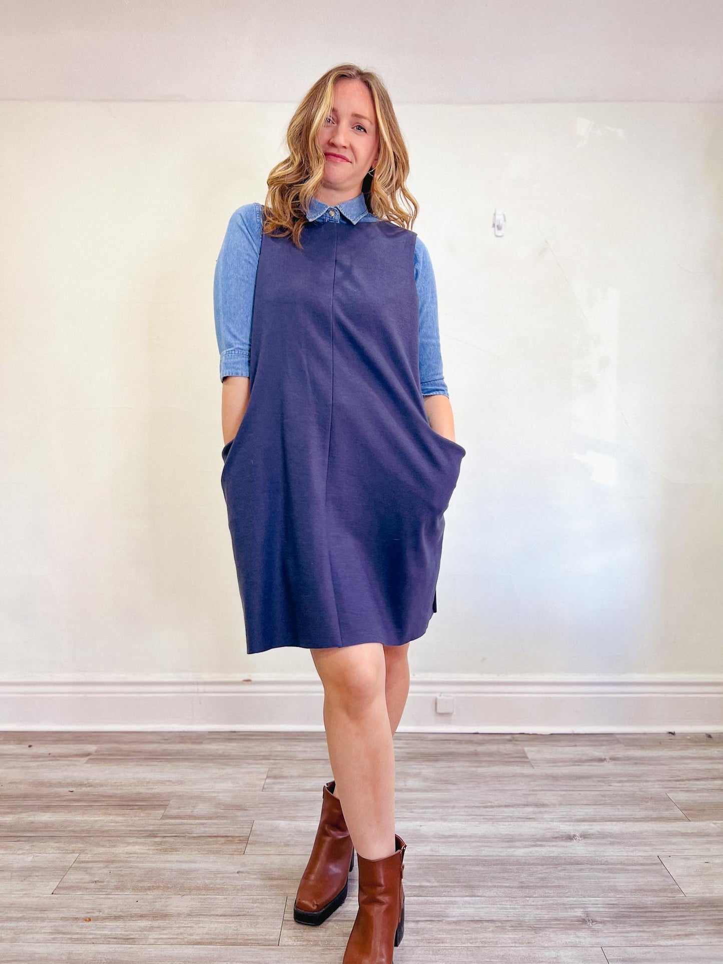 COS Wool Blend Shift Dress with Pockets in Slate Blue (Size L)