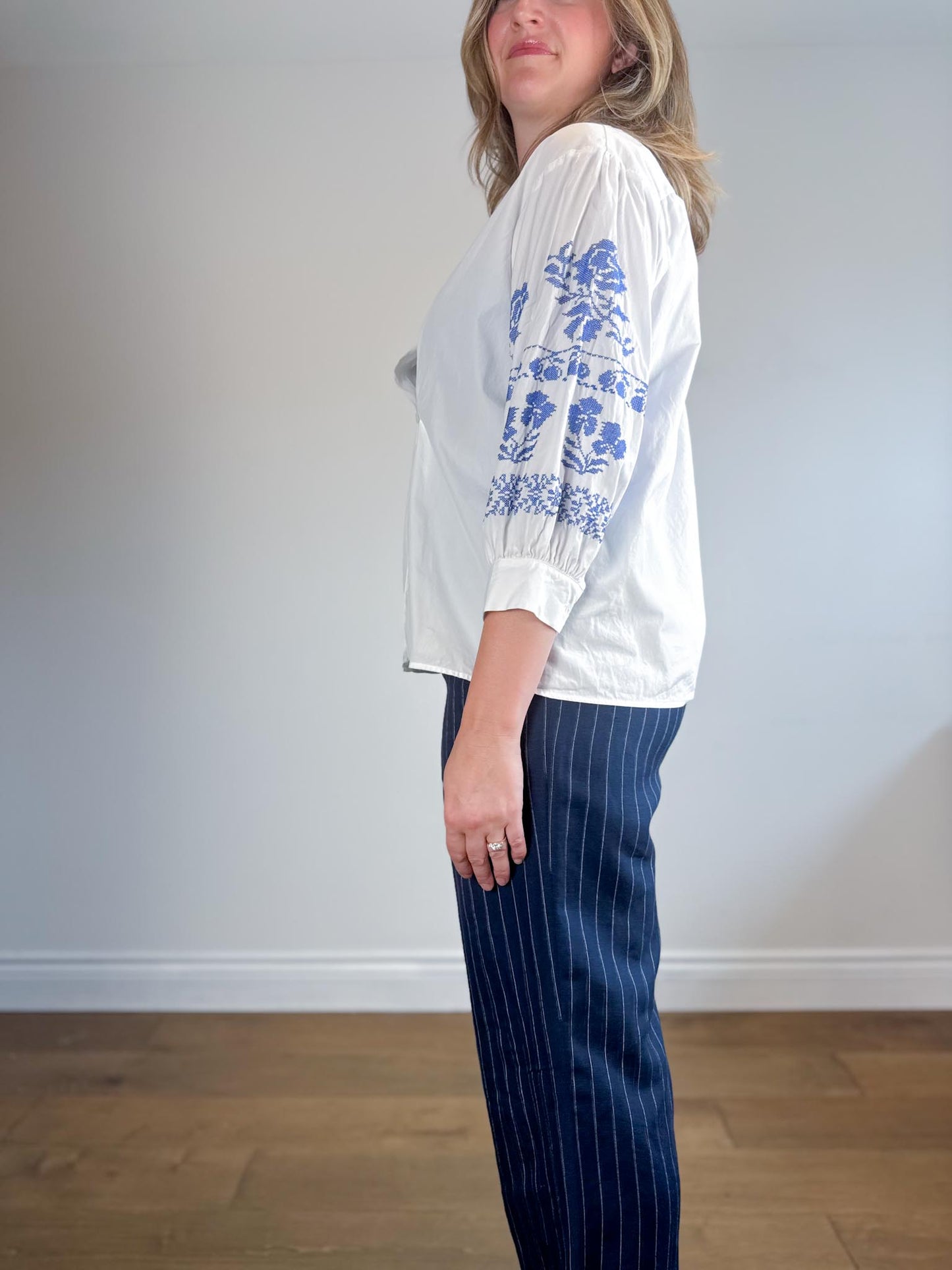 Weekend Max Mara"Embroidered Wrap Blouse in White/Blue" (Size L)