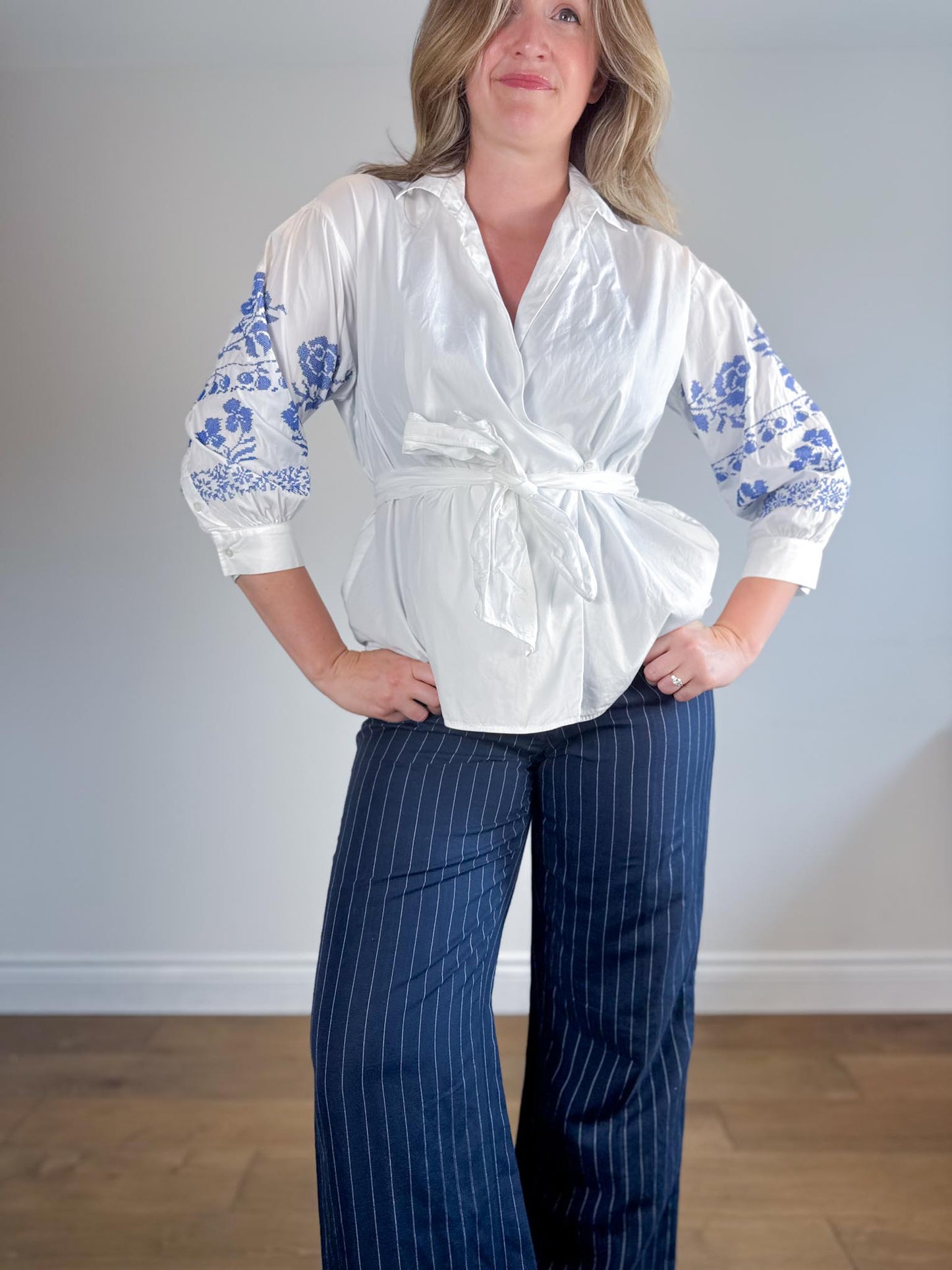 Weekend Max Mara"Embroidered Wrap Blouse in White/Blue" (Size L)