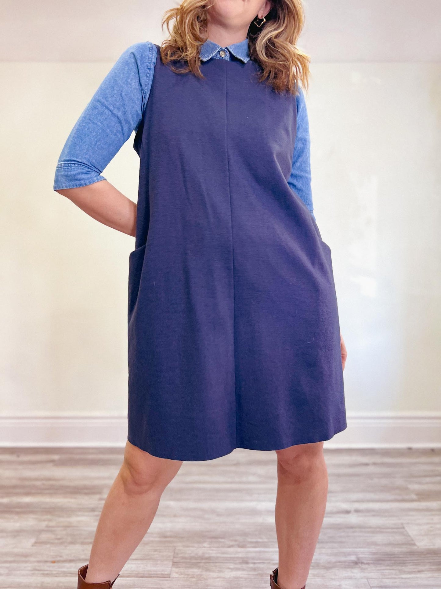 COS Wool Blend Shift Dress with Pockets in Slate Blue (Size L)